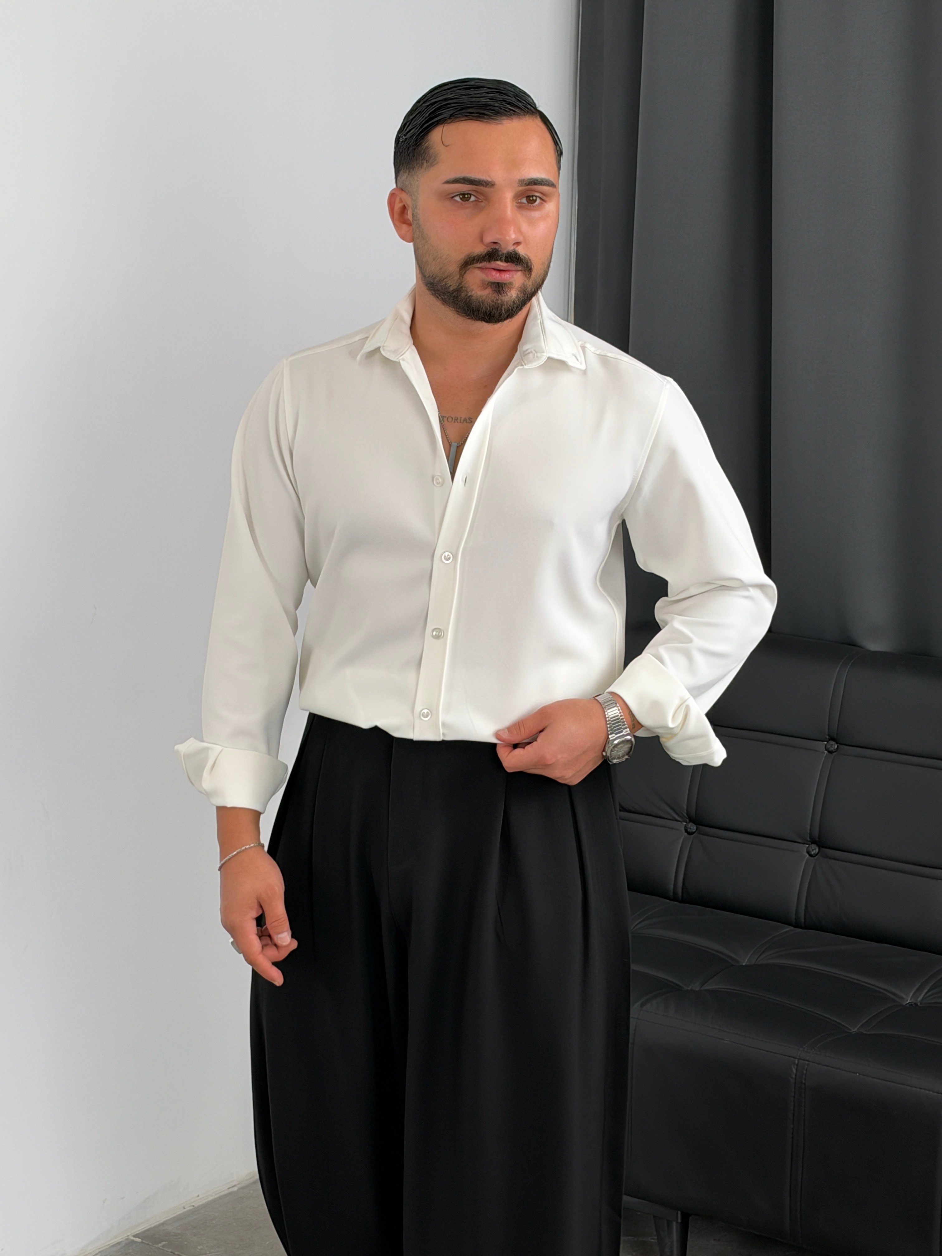 Regular Kalıp Dabıl Kumaş Uzunkol Gömlek Beyaz