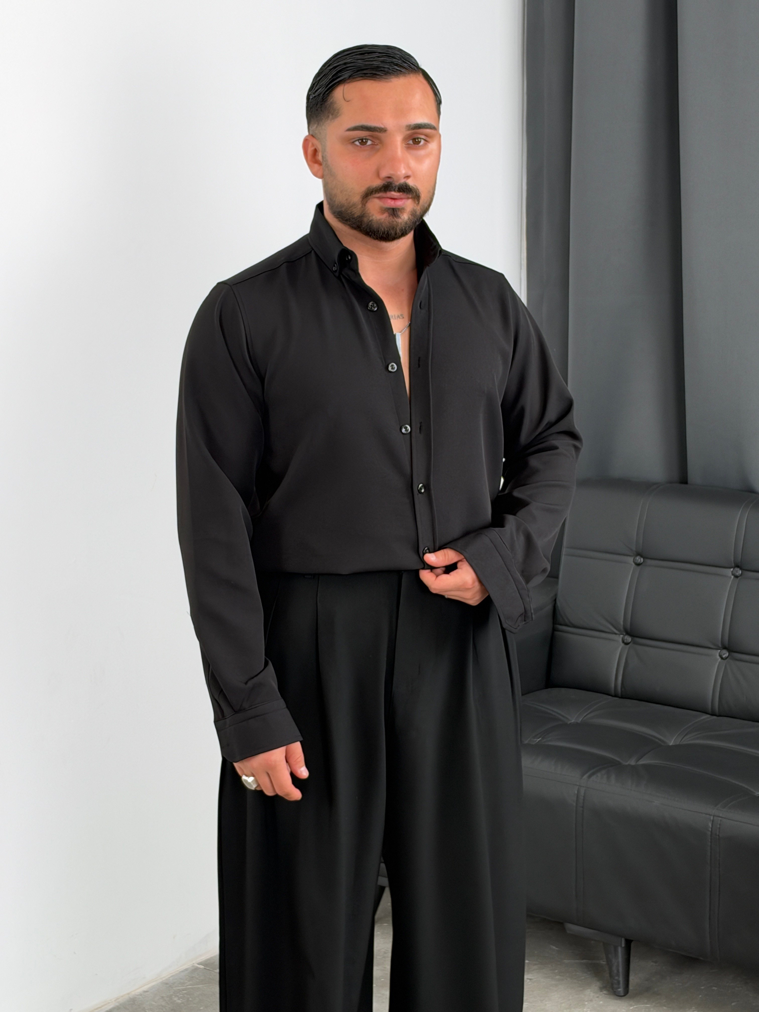 Regular Kalıp Dabıl Kumaş Uzunkol Gömlek Siyah