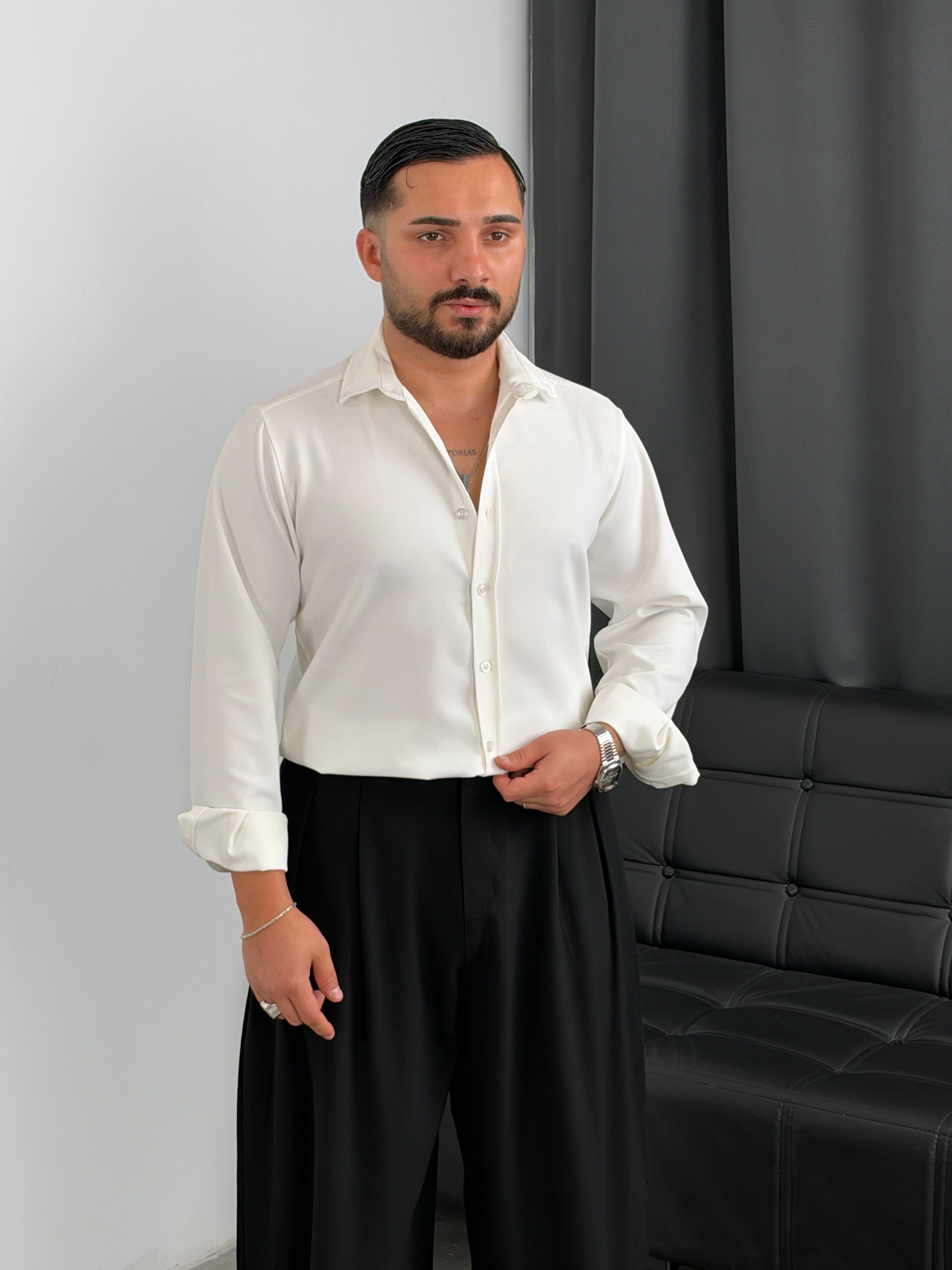Regular Kalıp Dabıl Kumaş Uzunkol Gömlek Beyaz