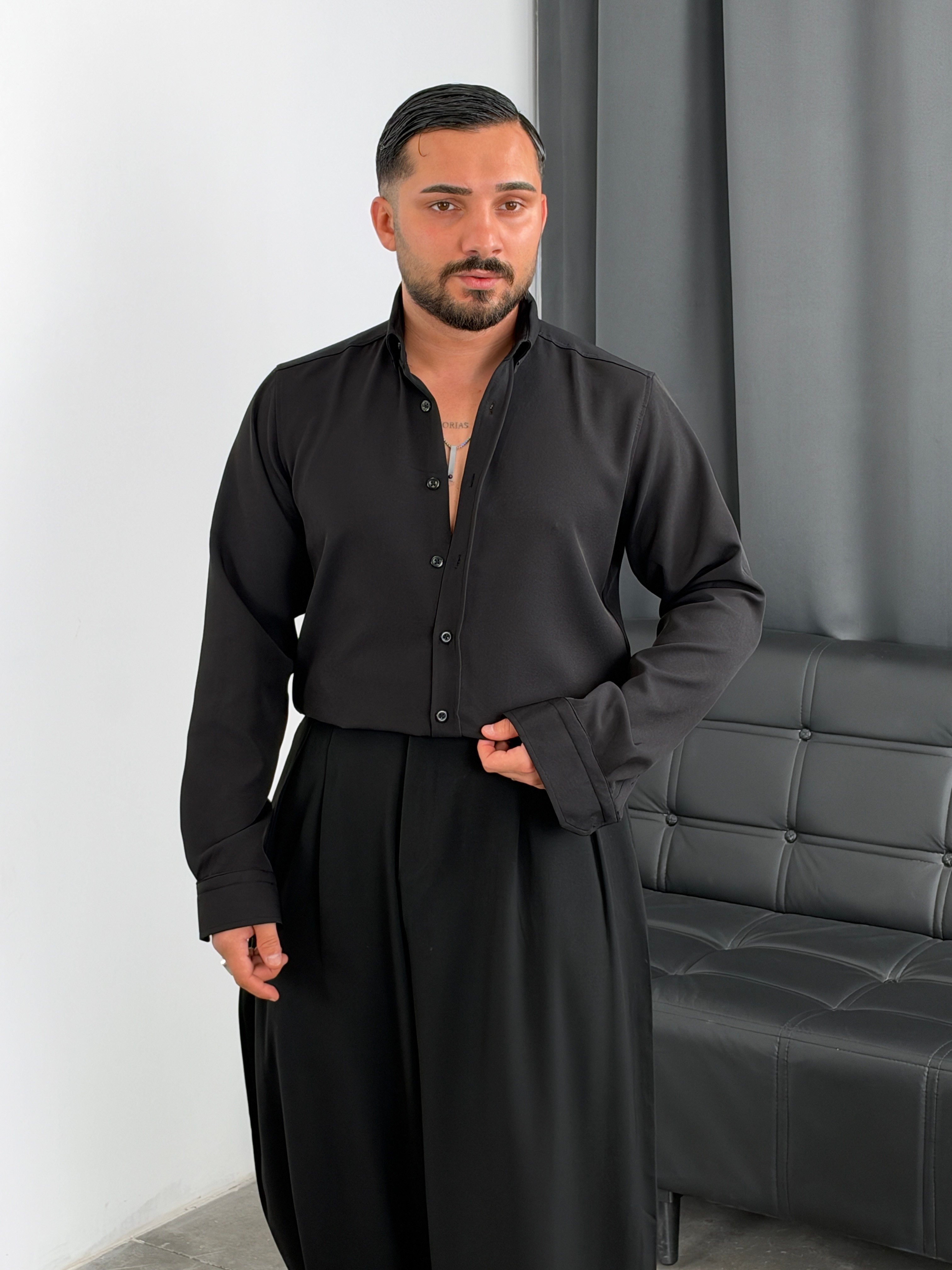 Regular Kalıp Dabıl Kumaş Uzunkol Gömlek Siyah
