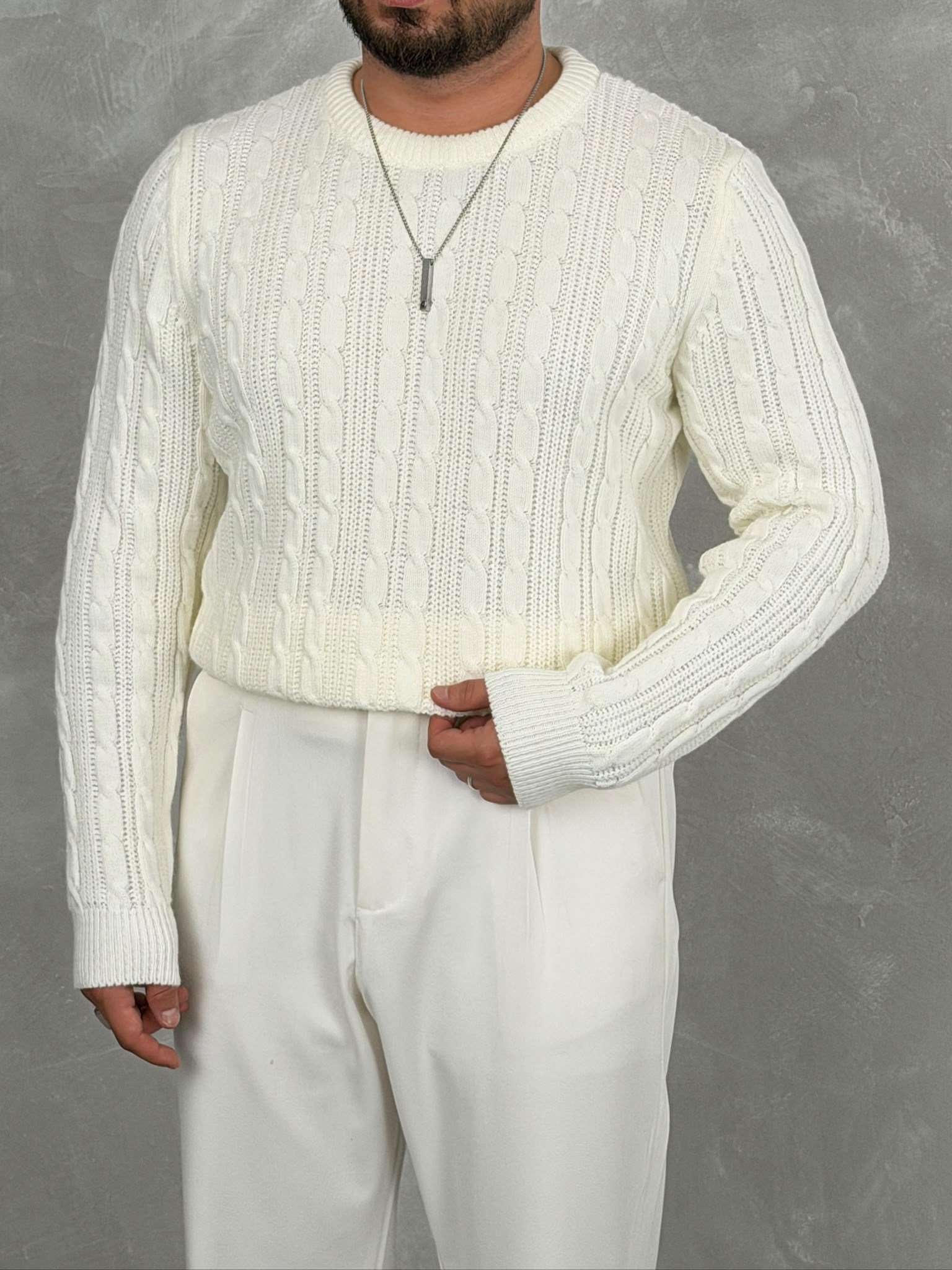 Saç Örgü Premium Bisiklet Yaka Sweatshirt Beyaz