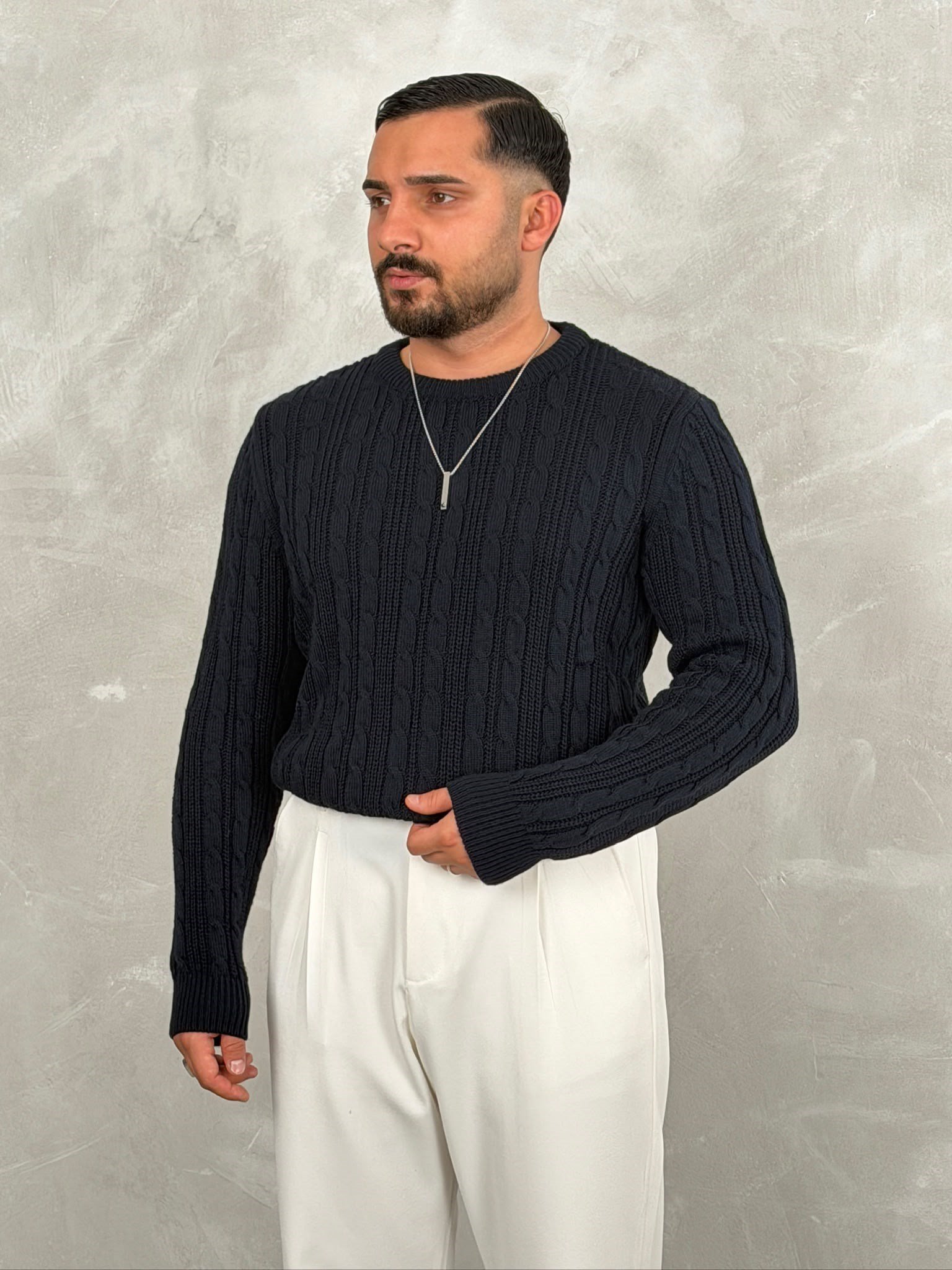 Saç Örgü Premium Bisiklet Yaka Sweatshirt Lacivert