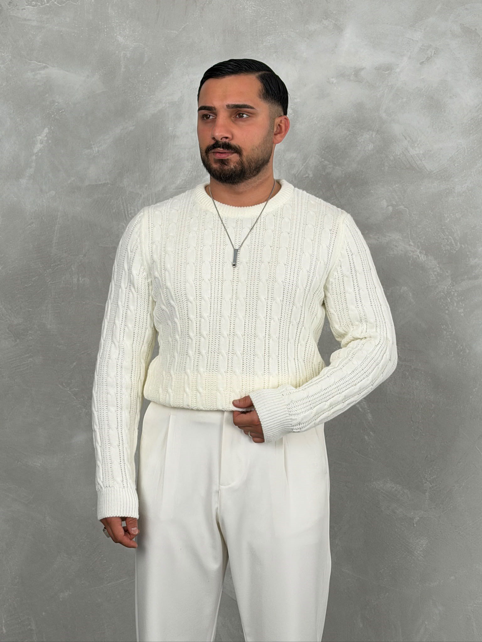 Saç Örgü Premium Bisiklet Yaka Sweatshirt Beyaz