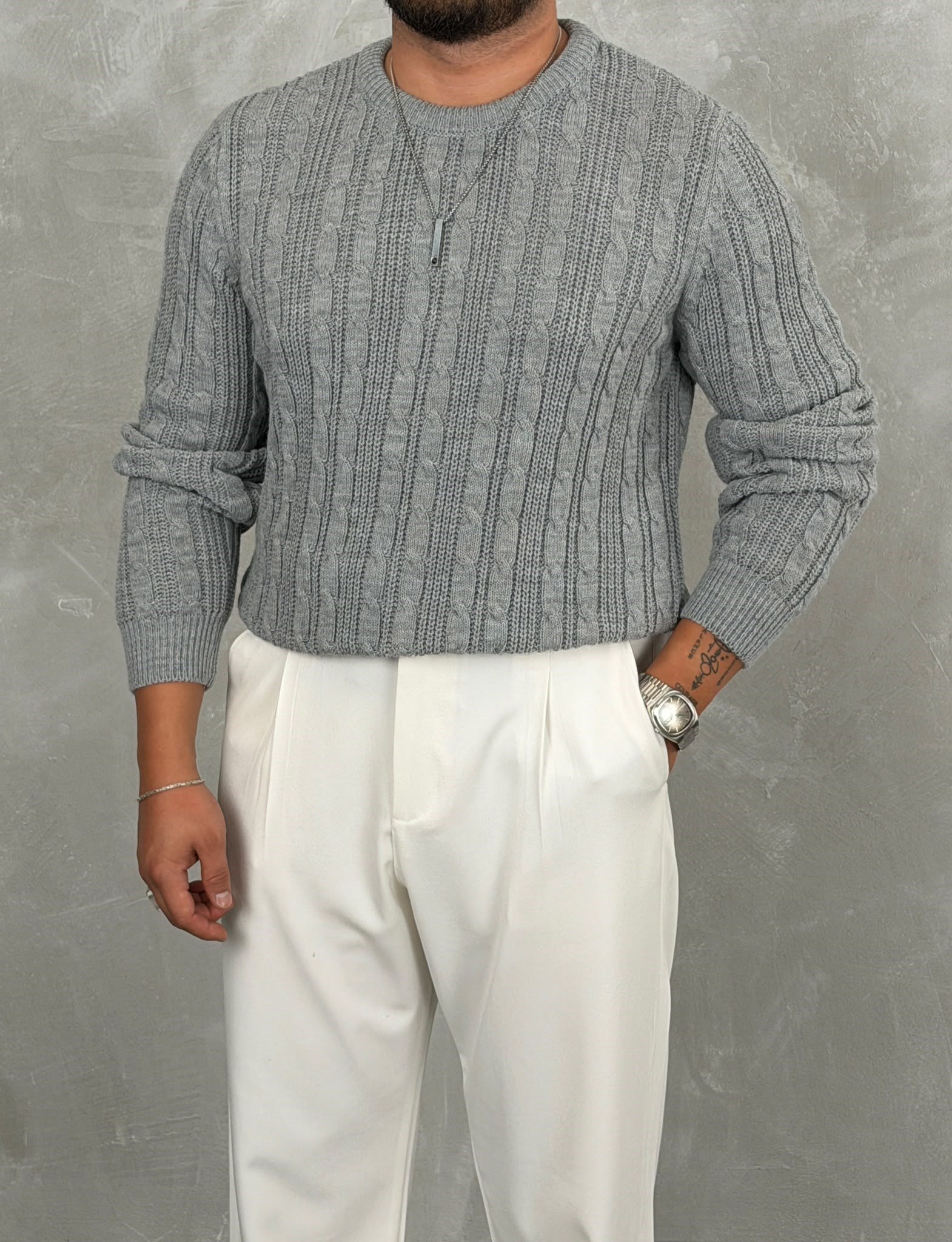 Saç Örgü Premium Bisiklet Yaka Sweatshirt Gri