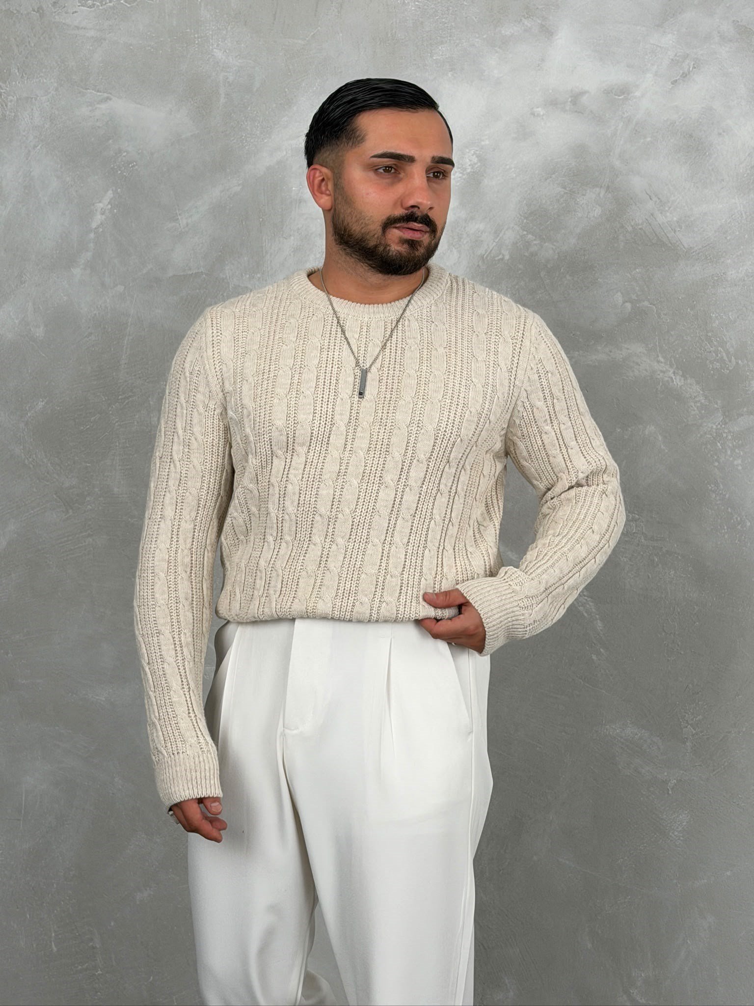 Saç Örgü Premium Bisiklet Yaka Sweatshirt Krem