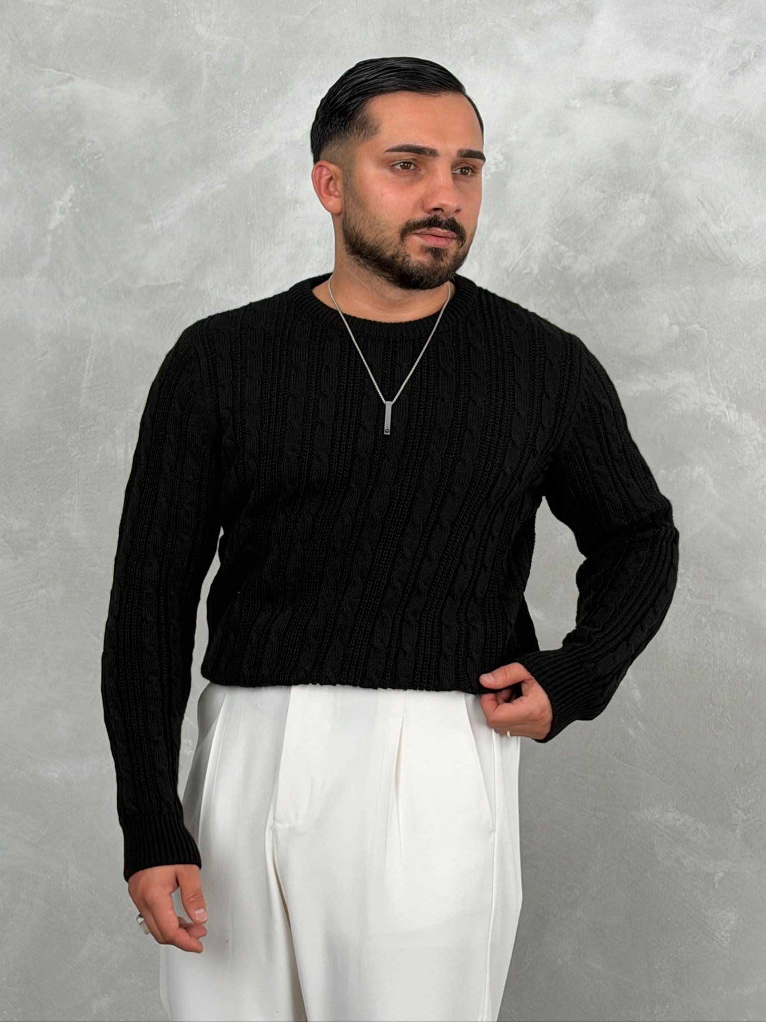 Saç Örgü Premium Bisiklet Yaka Sweatshirt Siyah