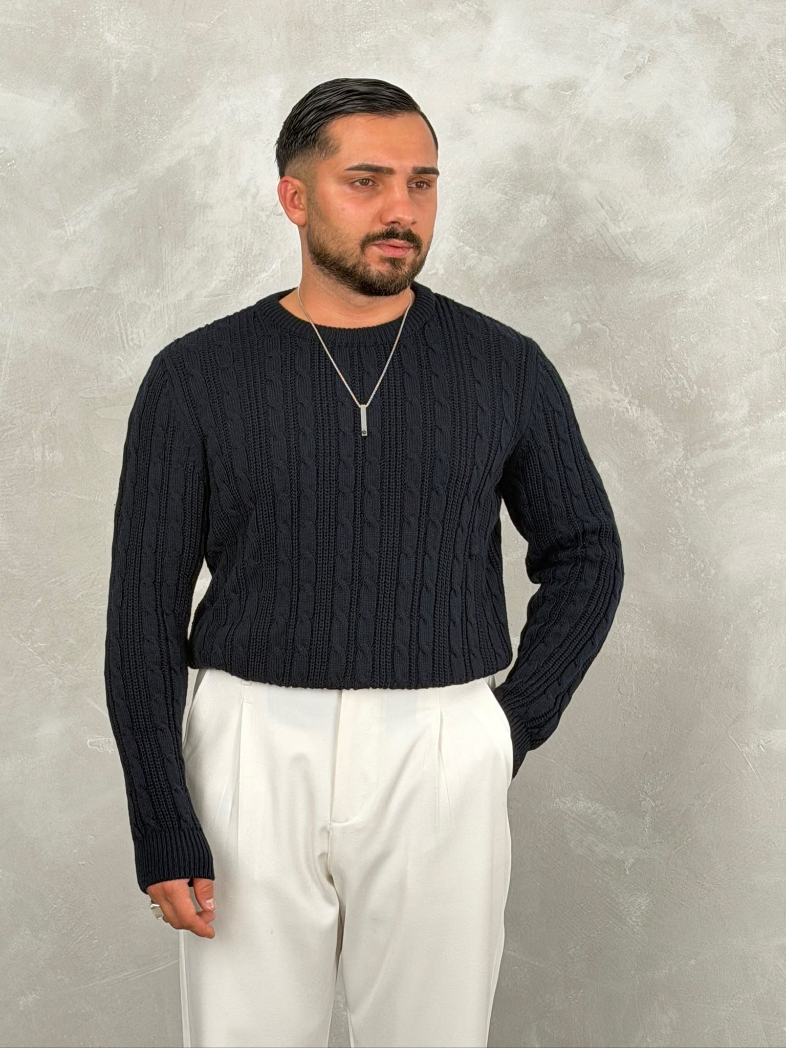 Saç Örgü Premium Bisiklet Yaka Sweatshirt Lacivert