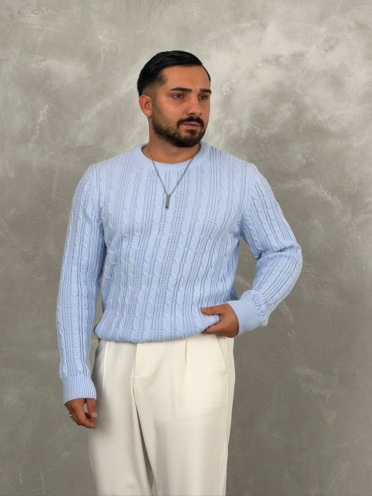 Saç Örgü Premium Bisiklet Yaka Sweatshirt Bebe Mavi