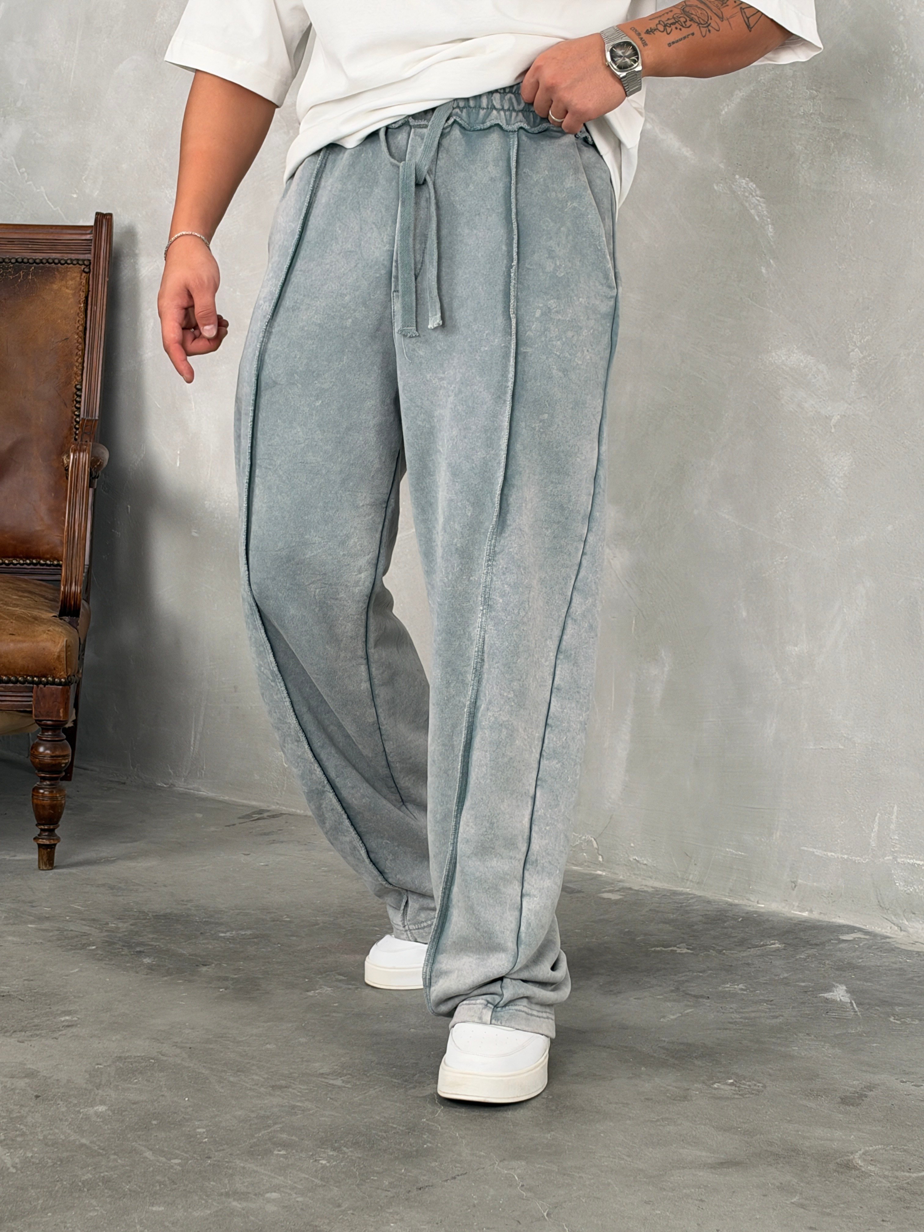 Ters Dikiş Detaylı Süper Baggy Eşofman Gri