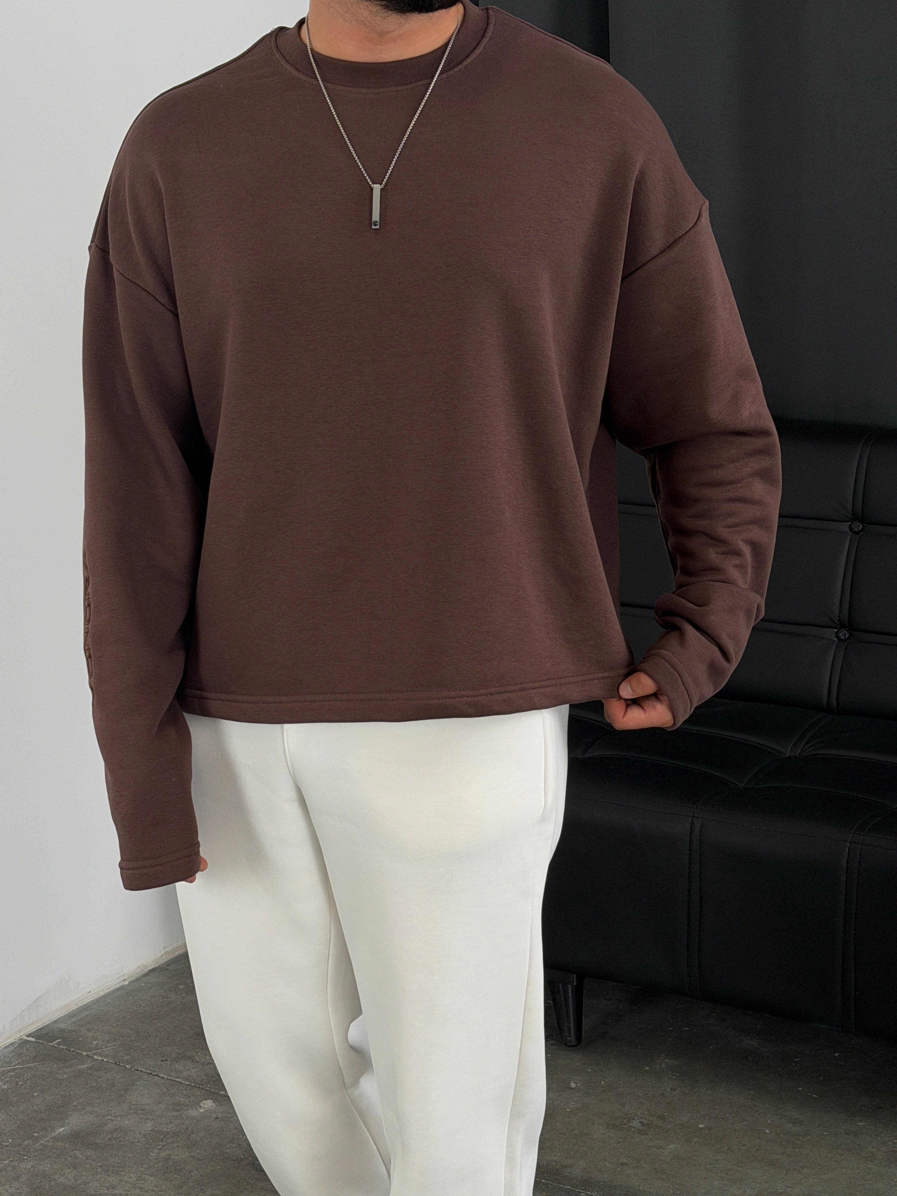 Vondra Nakış Premium Basic 3 İplik Şardonsuz Sweatshirt Acı Kahve