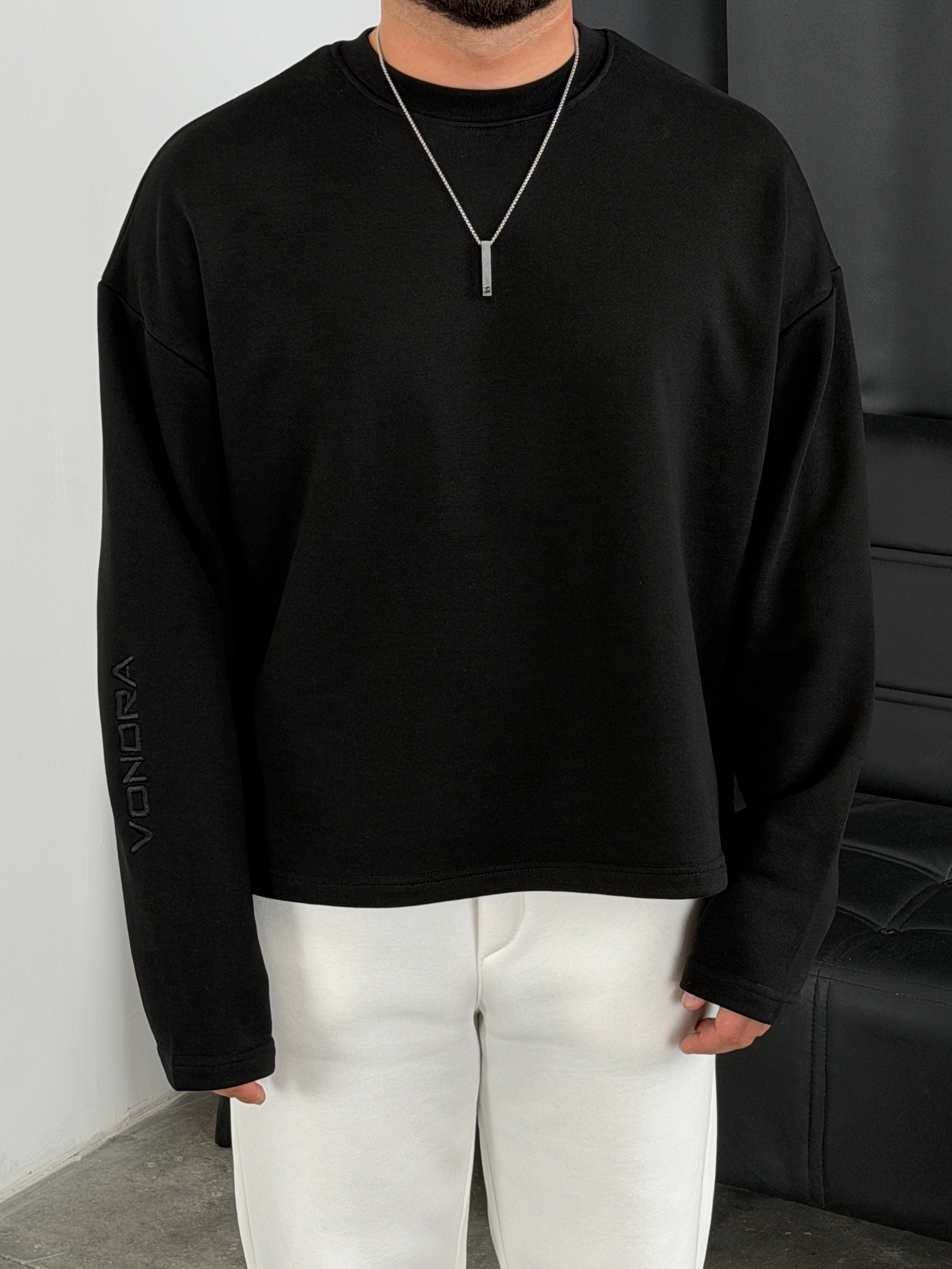 Vondra Nakış Premium Basic 3 İplik Şardonsuz Sweatshirt Siyah