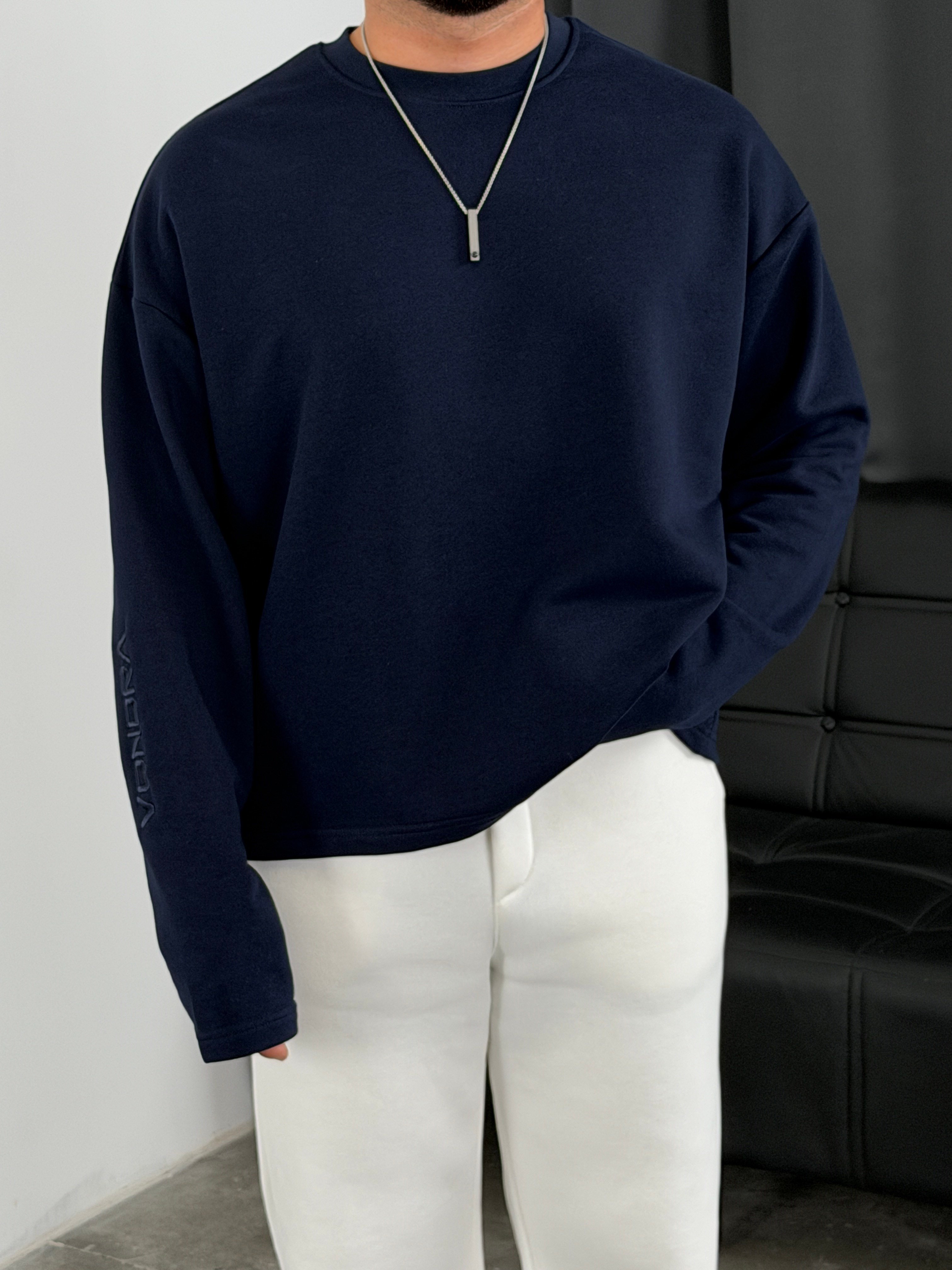 Vondra Nakış Premium Basic 3 İplik Şardonsuz Sweatshirt Lacivert