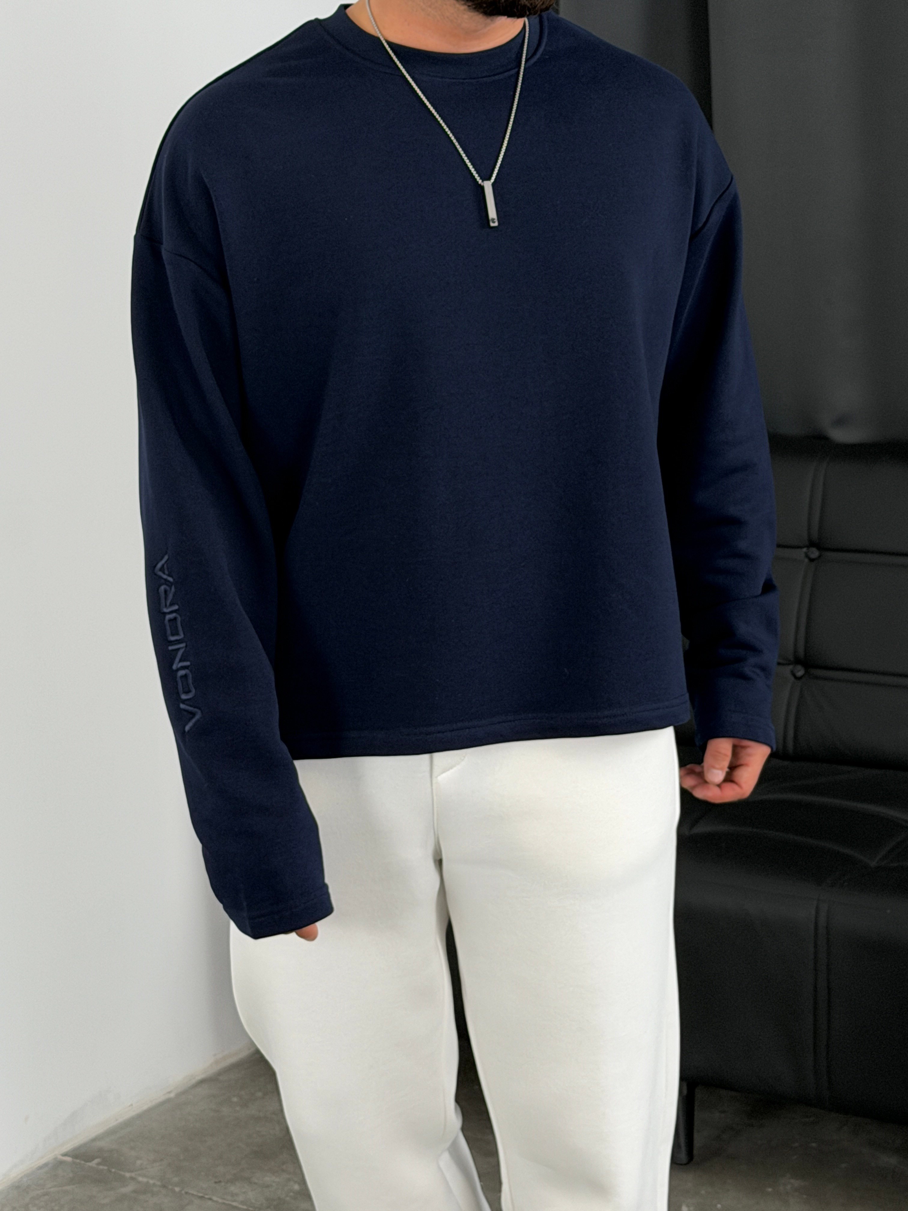 Vondra Nakış Premium Basic 3 İplik Şardonsuz Sweatshirt Lacivert