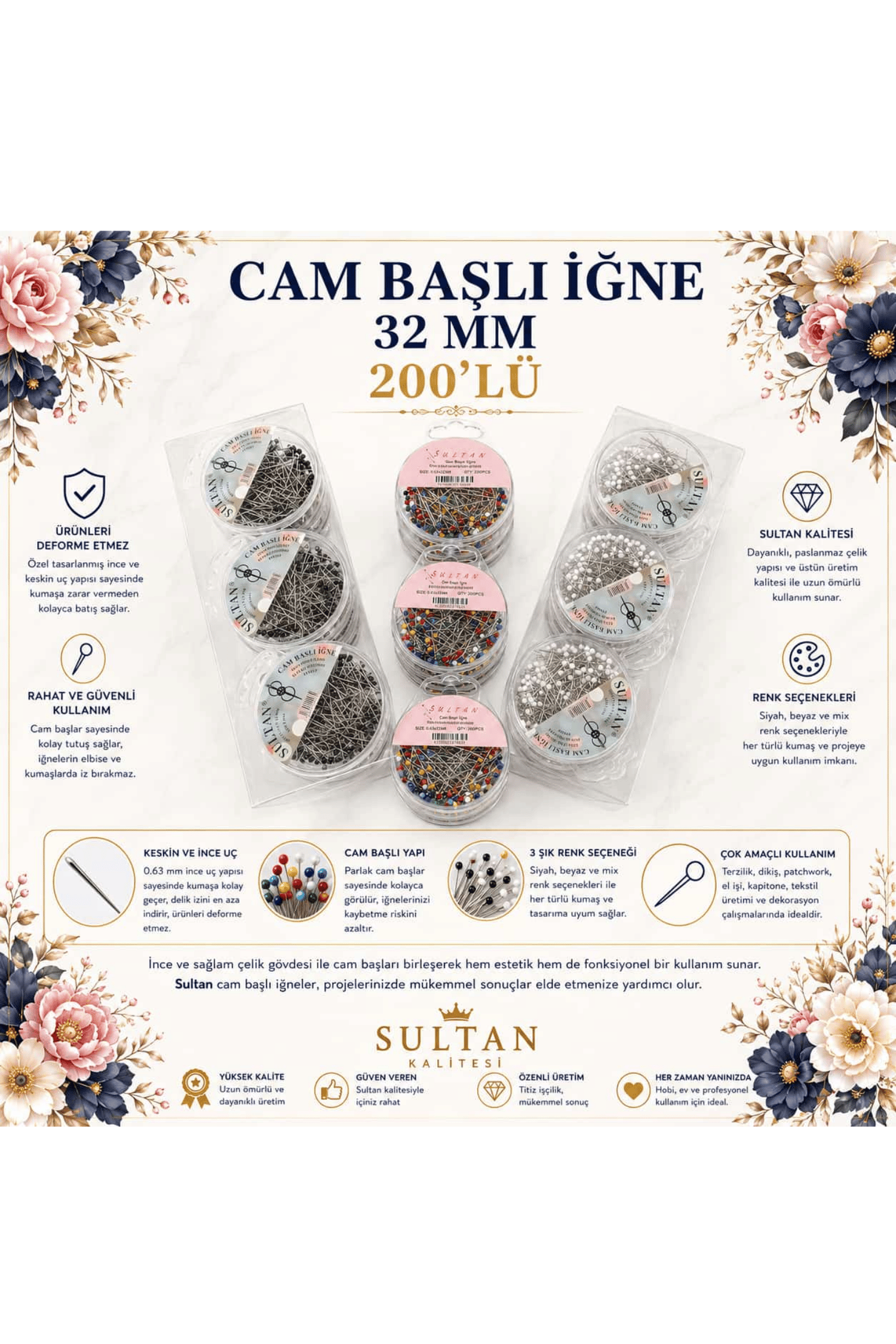 SULTAN CAM BAŞLI İĞNE 200 ADET [12 KUTU] 32 MM YUV
