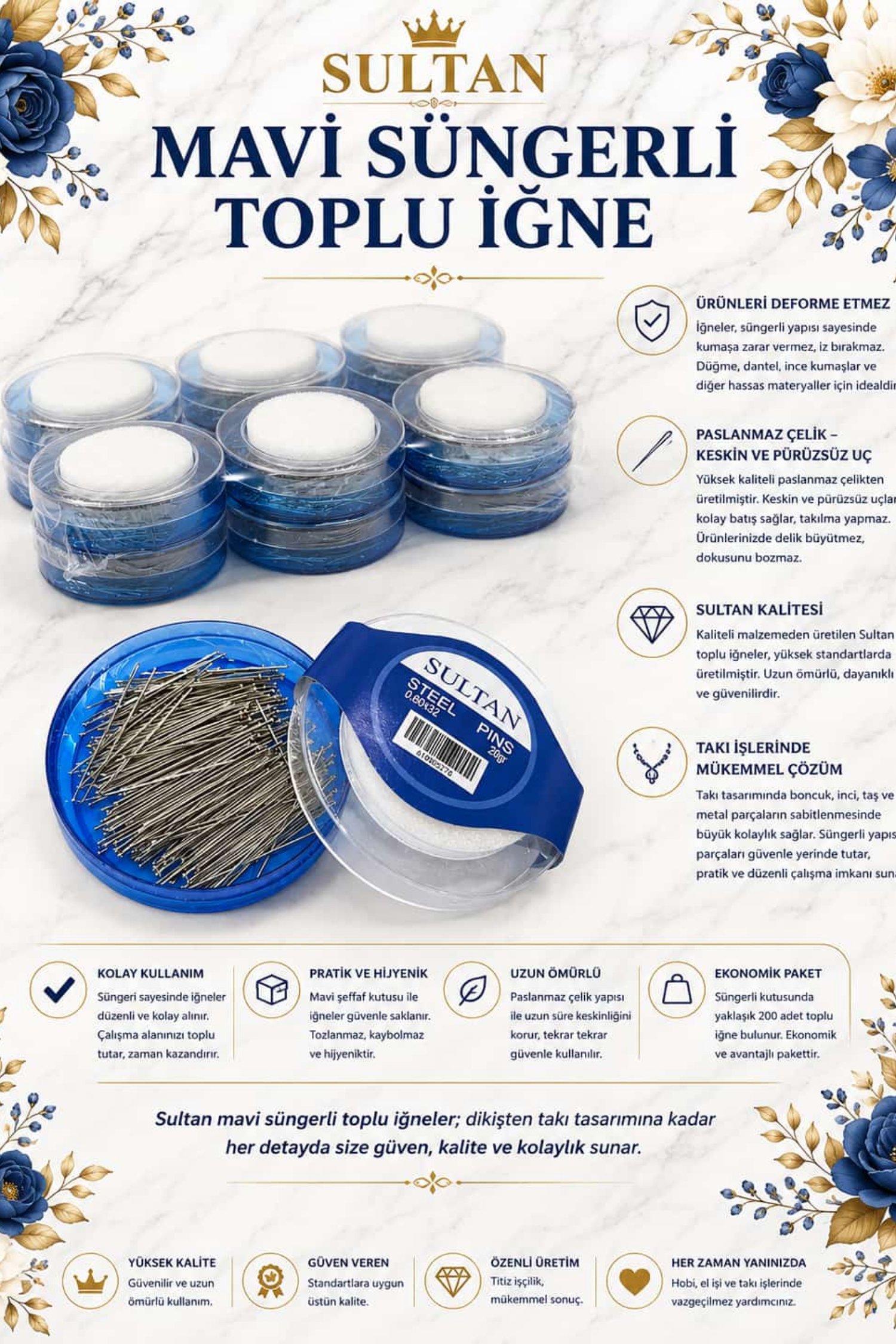SULTAN ORJİNAL ÇELİK TOPLU İĞNE MAVİ SÜNGERLİ 20GR