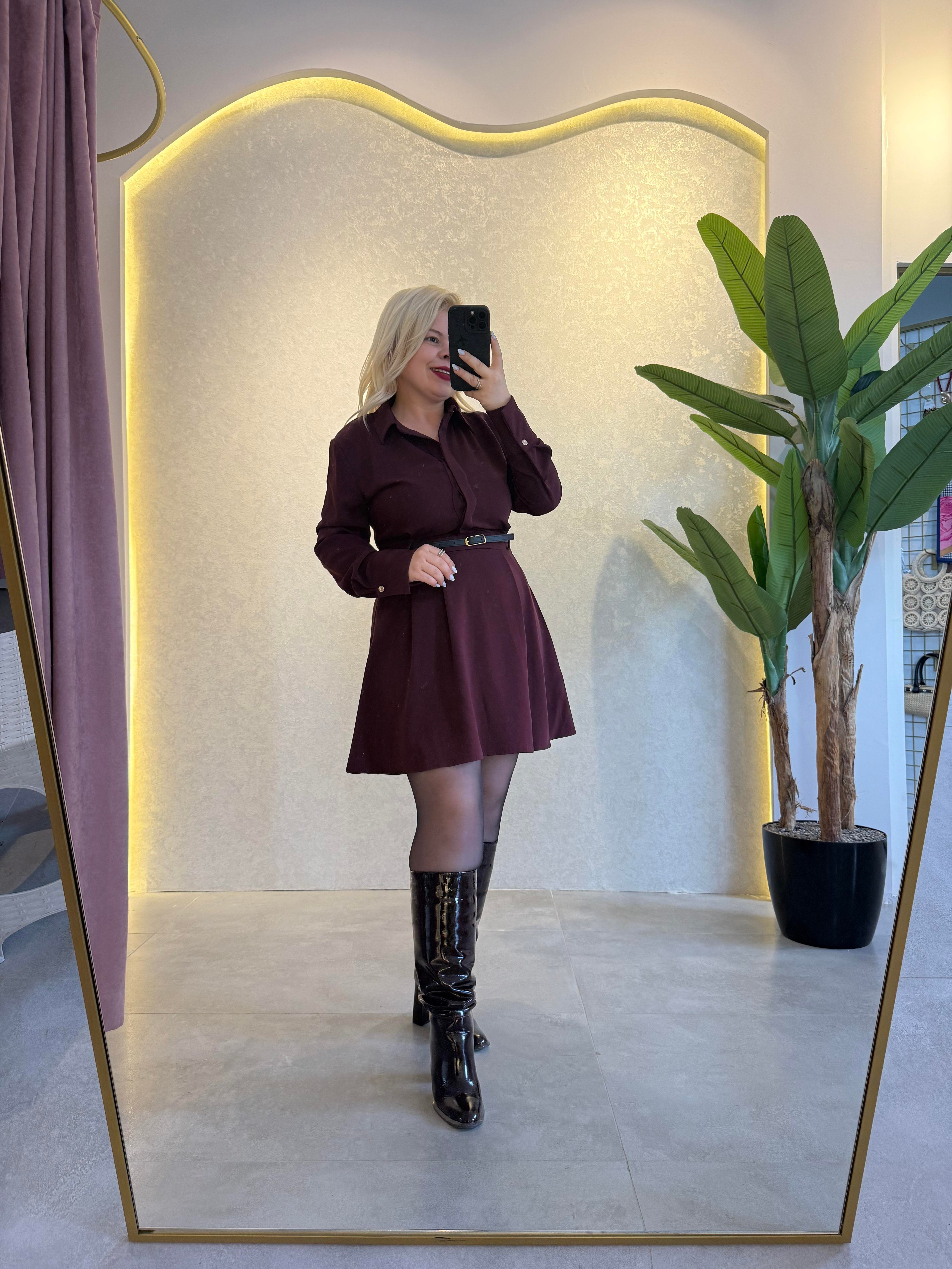 Bordo Kemerli Elbise