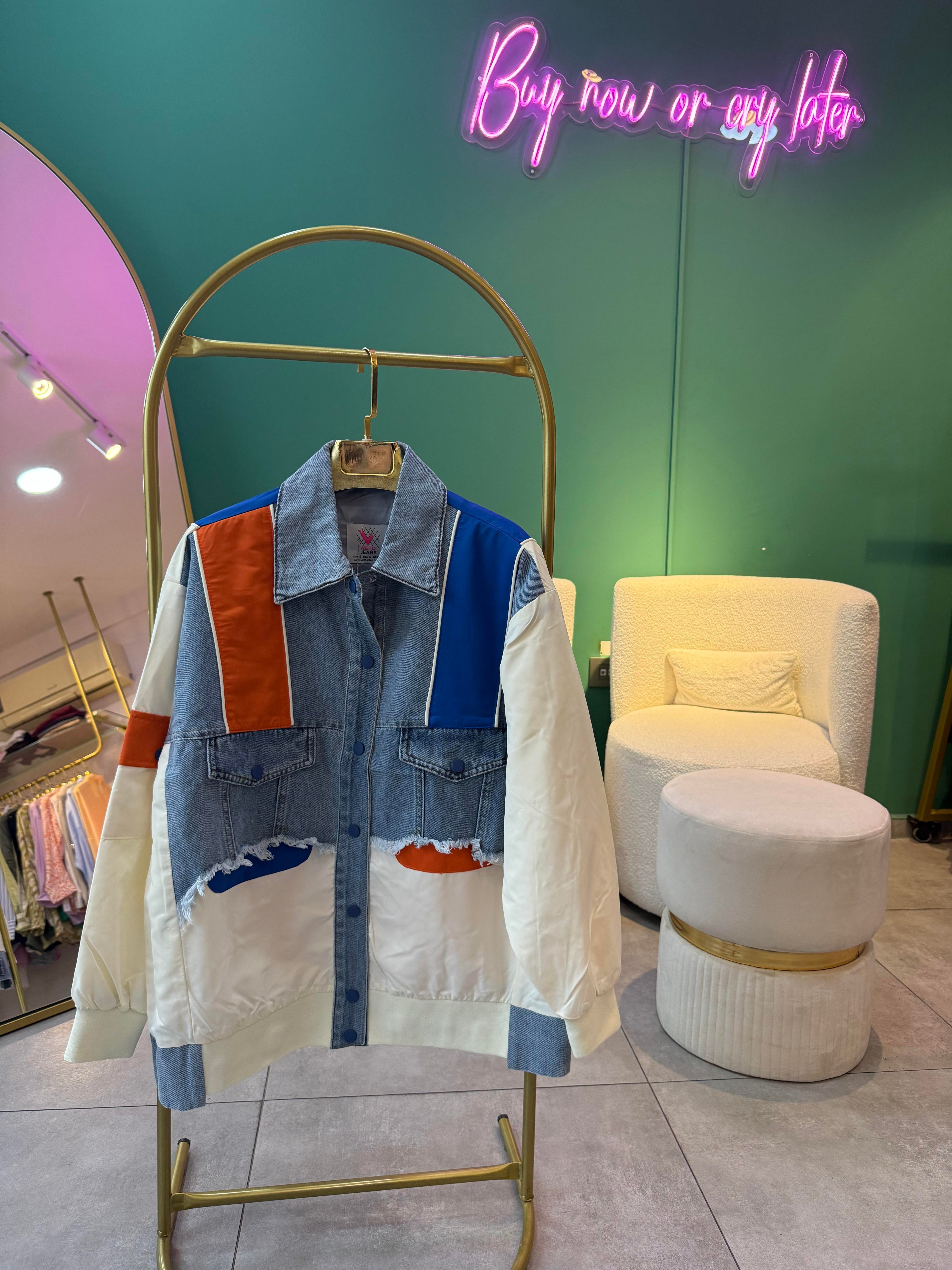 Denim Detaylı Tasarım Saks Mavi Bomber Ceket