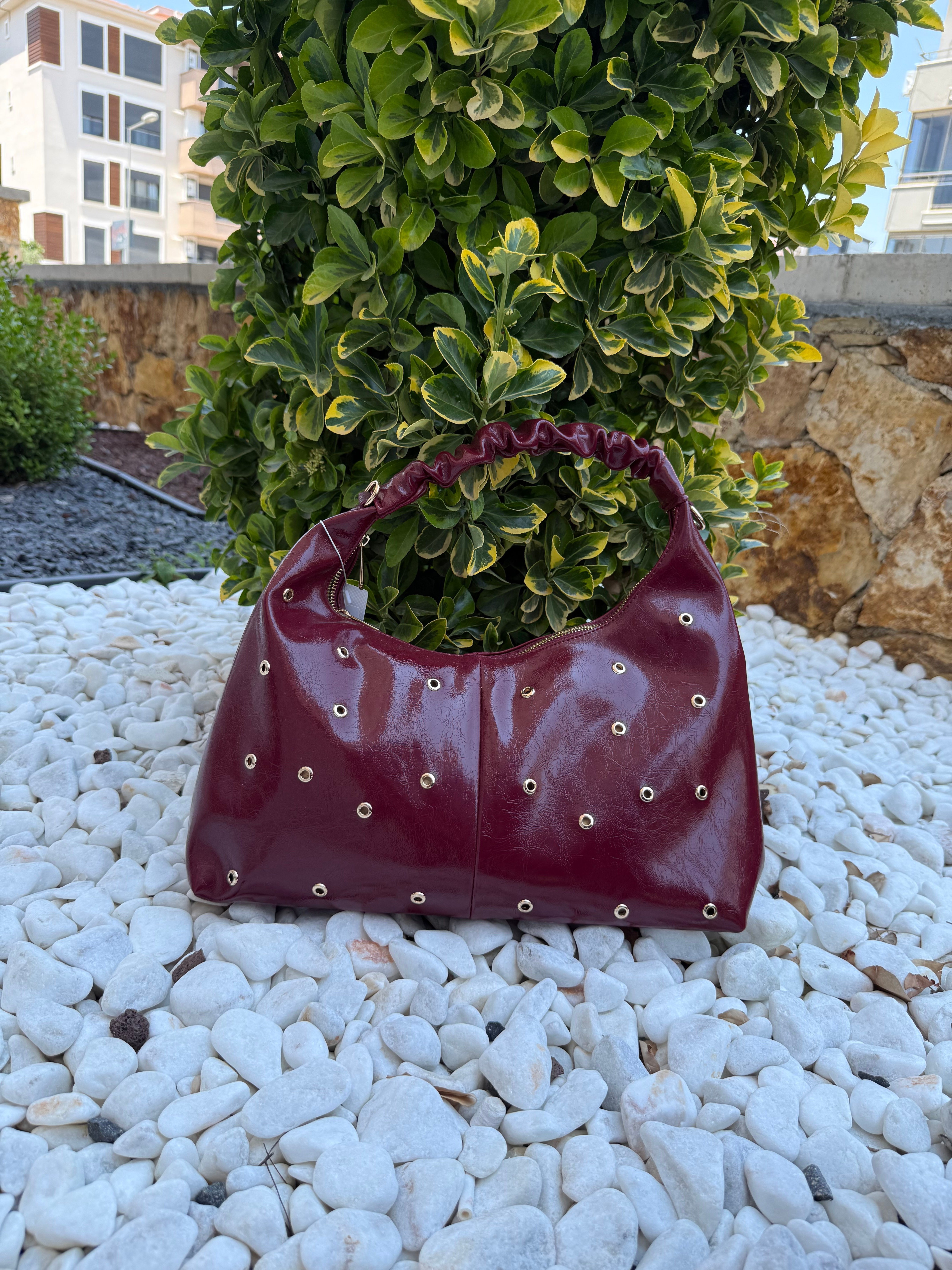 Kuşgözü Parlak Deri Bordo Çanta