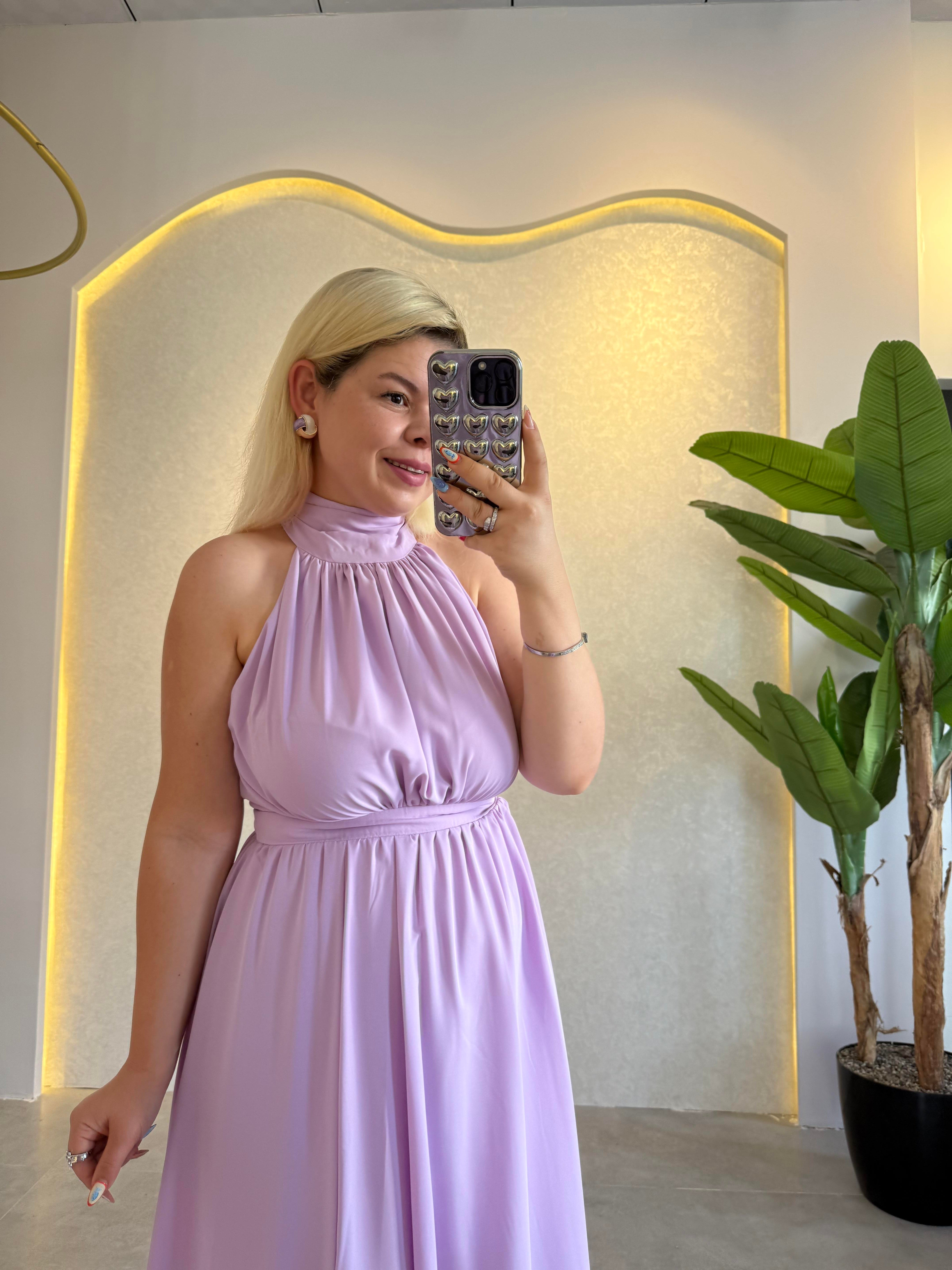 Lila Halter Yaka Yırtmaçlı Elbise