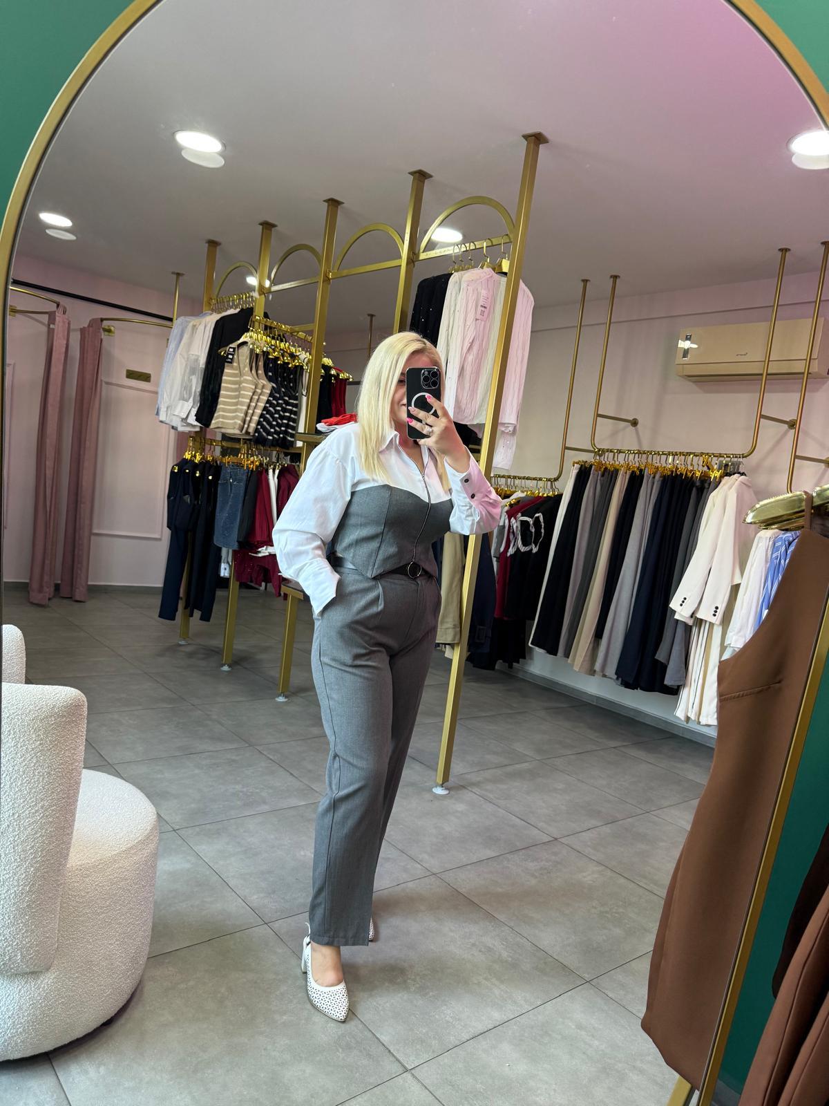Poplin Detaylı Gömlek ve Kemerli Pantolon Gri Takım