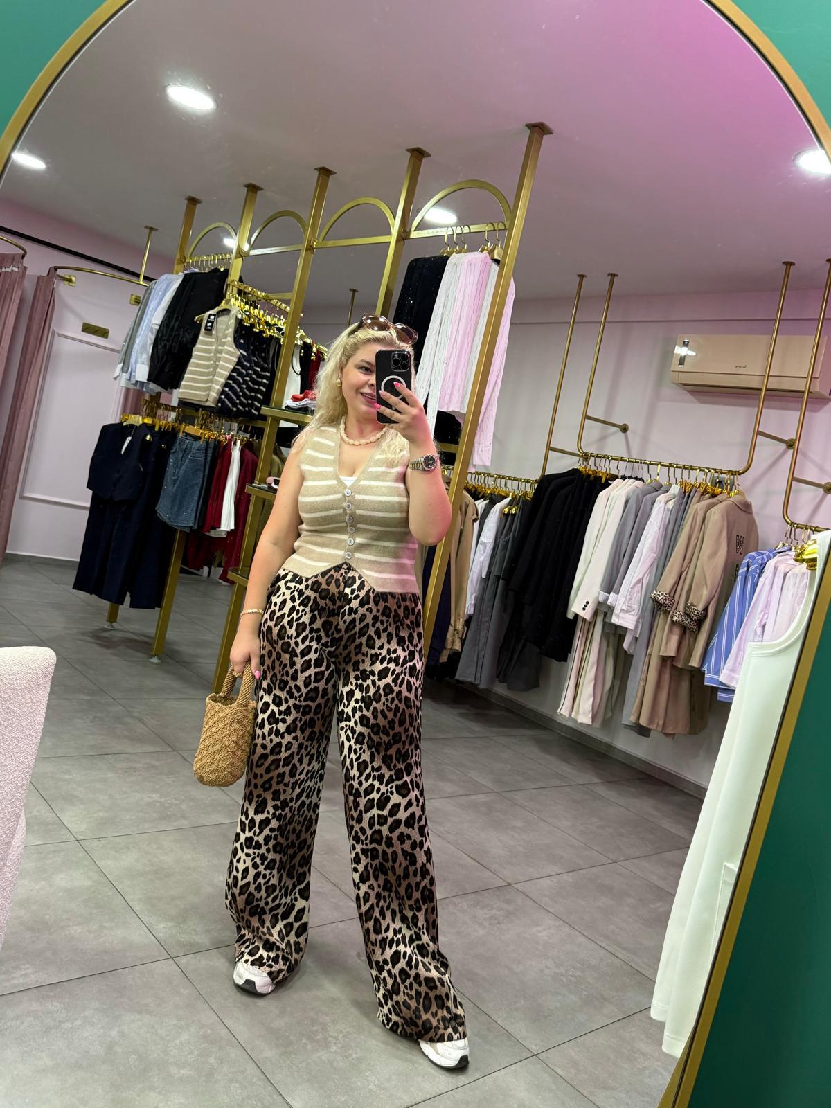 Saten Leopar Pantolon