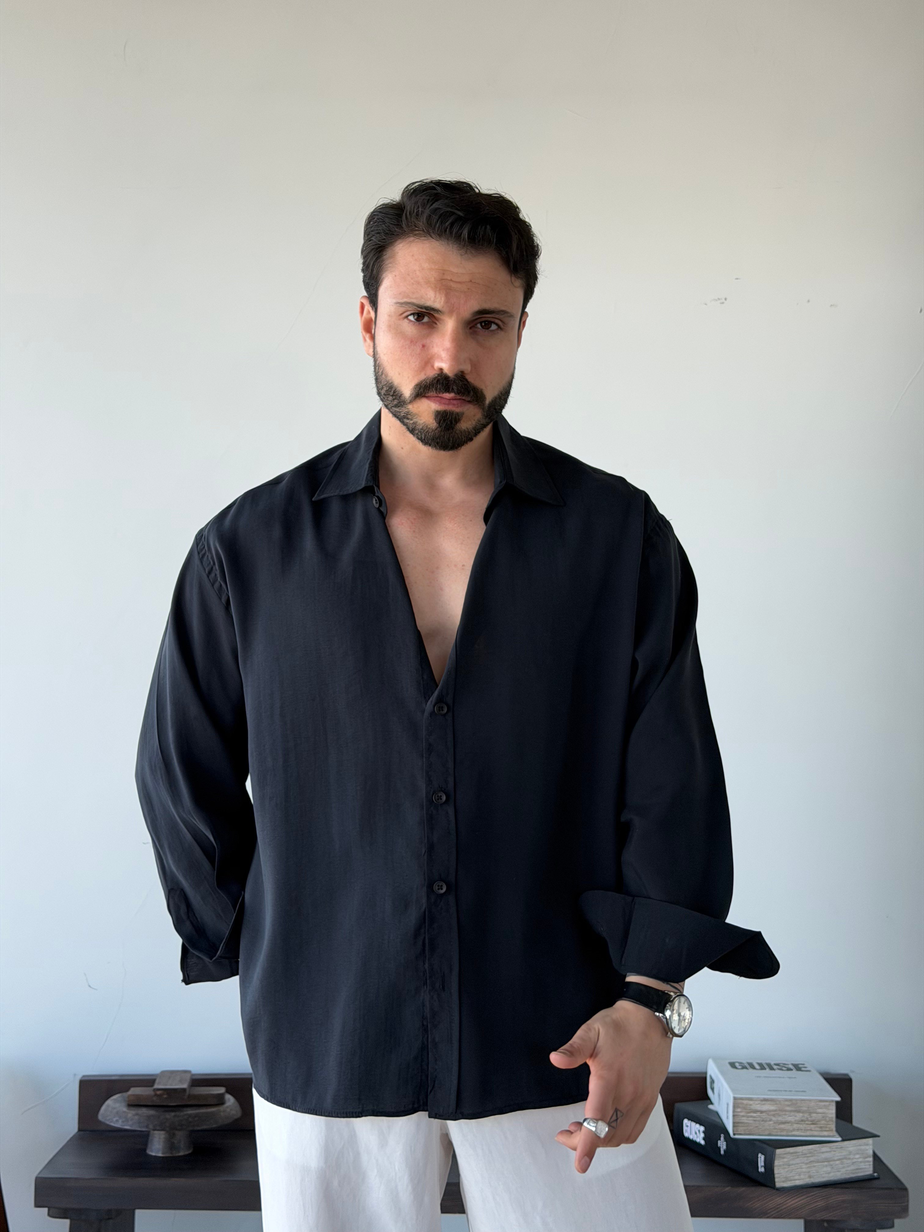 Arven Oversize Siyah Modal Gömlek