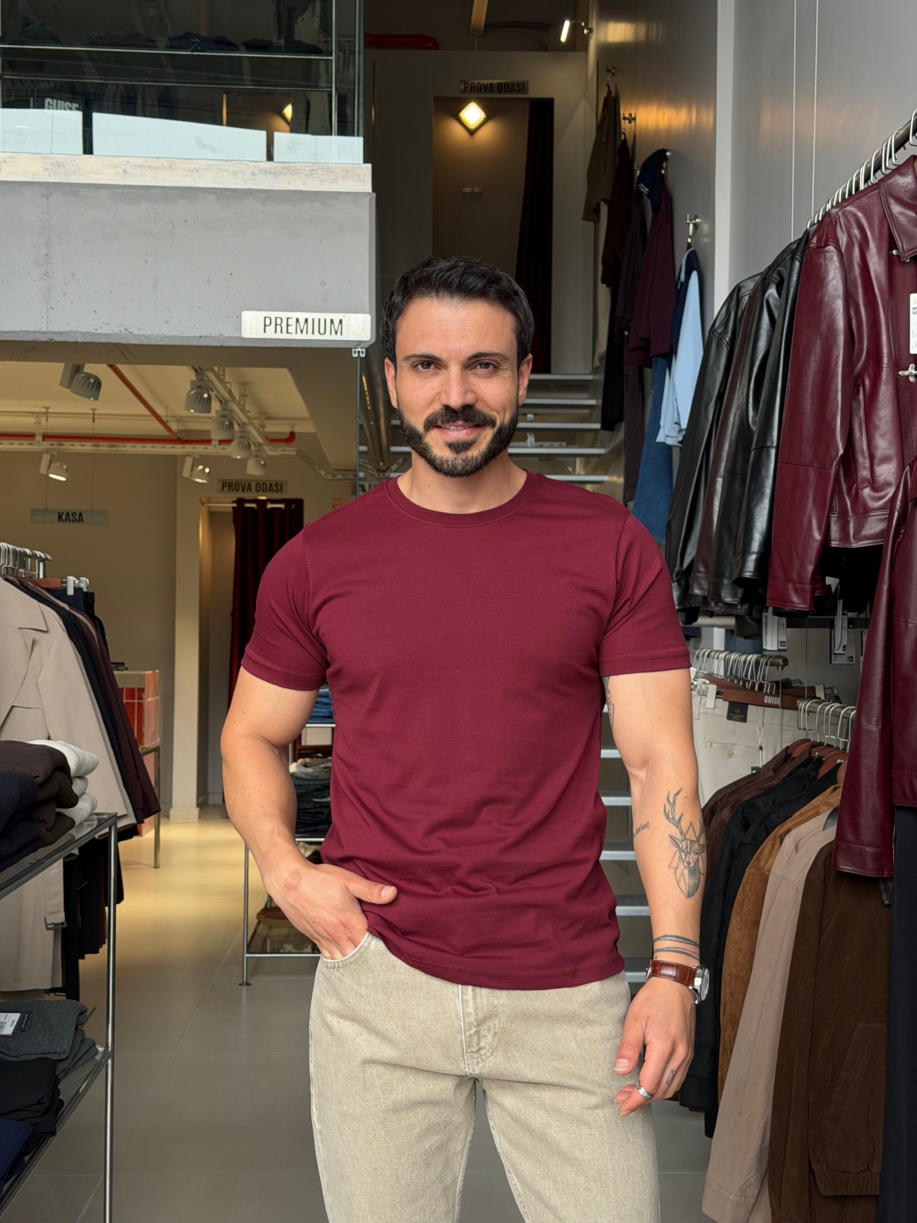 Bob Bordo Basic Muscle Fit Tişört