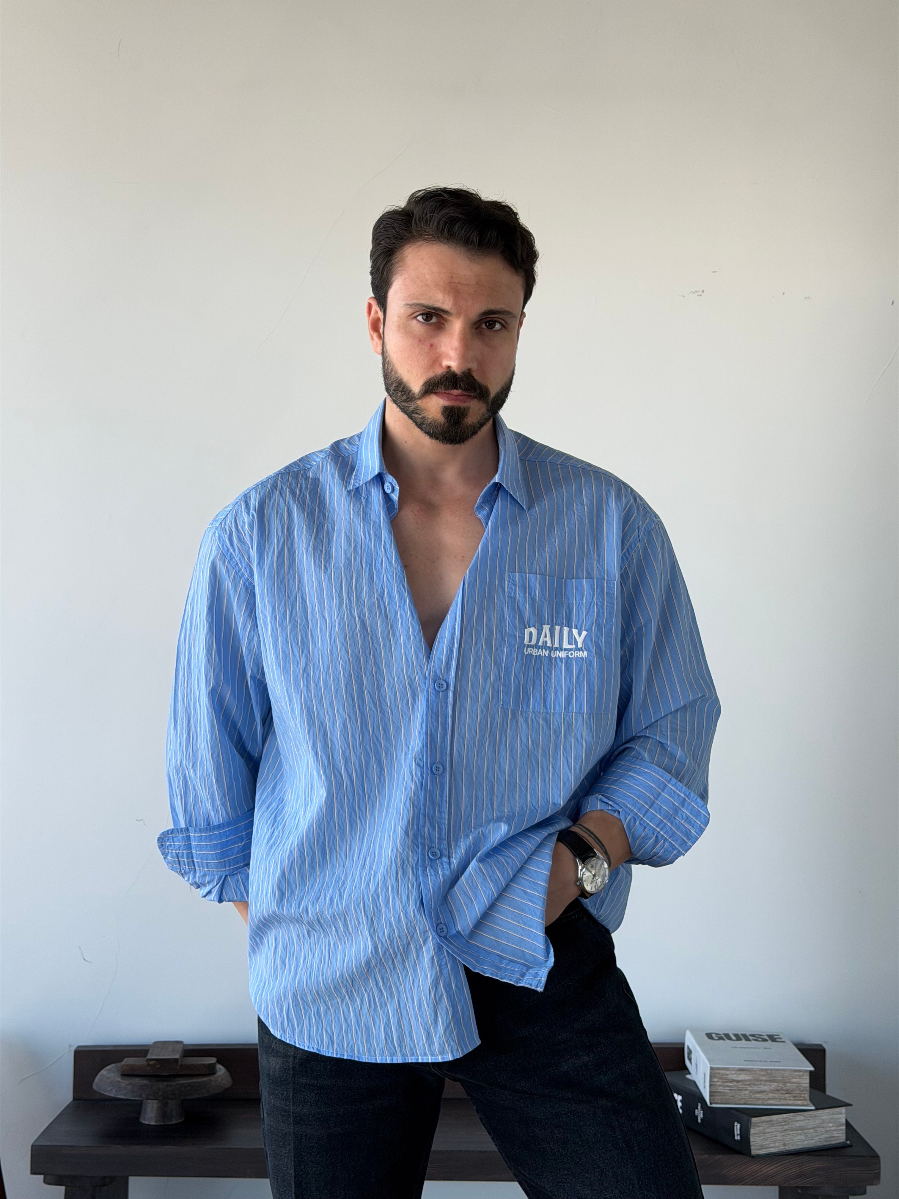 Daily Oversize Mavi Çizgili Gömlek