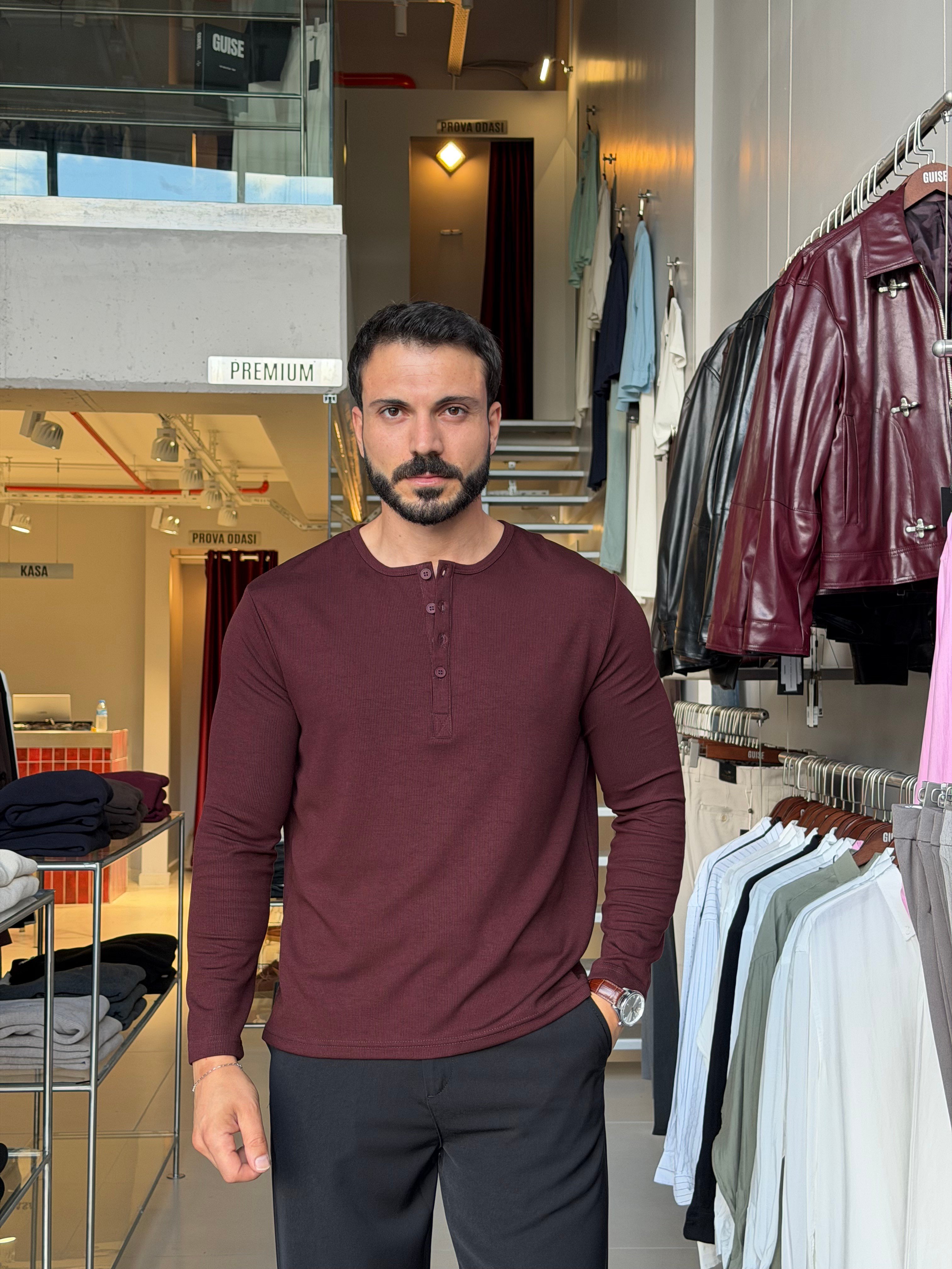 Falk Bordo Henley Yaka Tişört