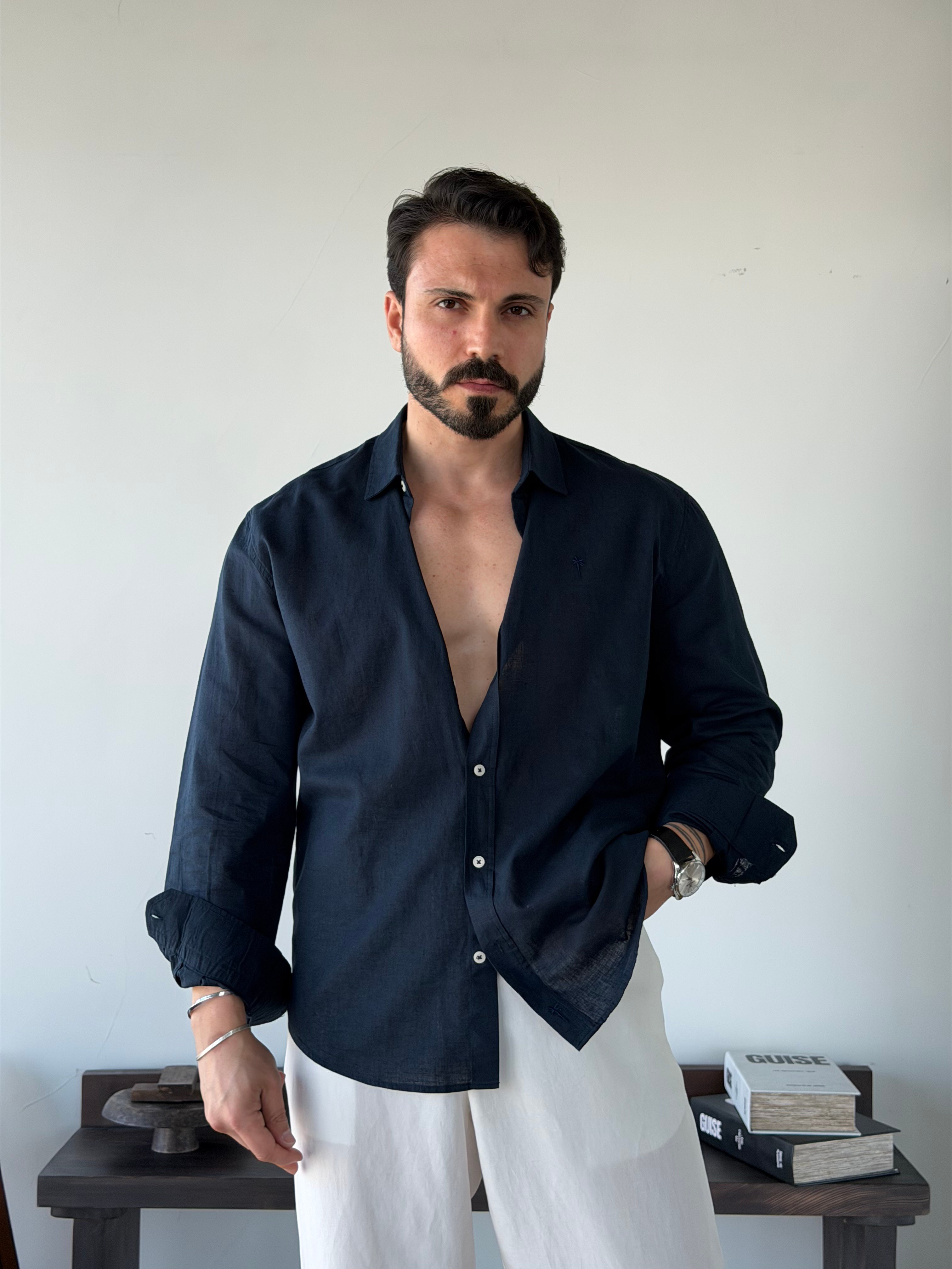 Lorenti Linen Karışımlı Lacivert Gömlek
