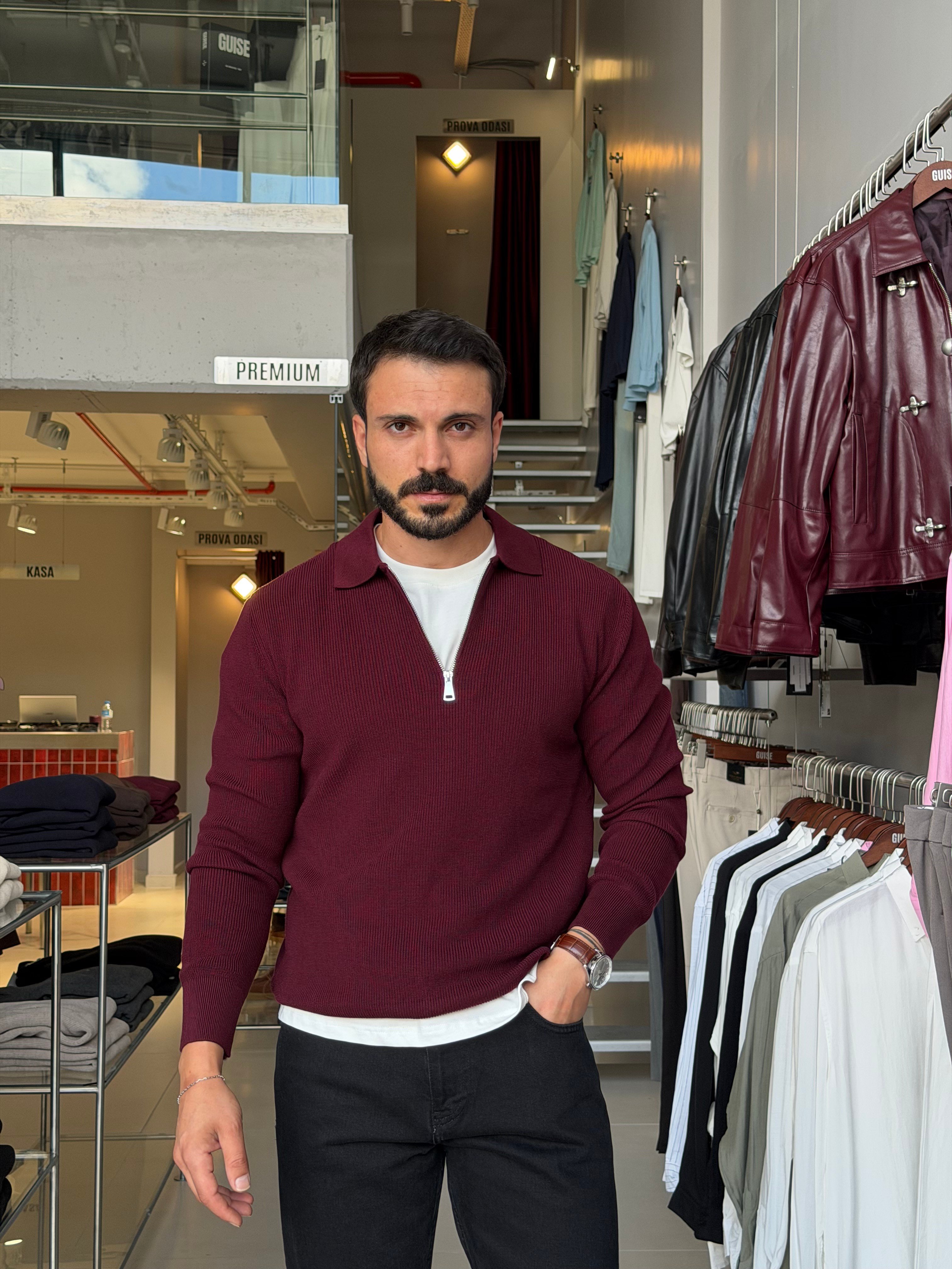 Skonder Bordo Fermuarlı Polo Yaka Triko