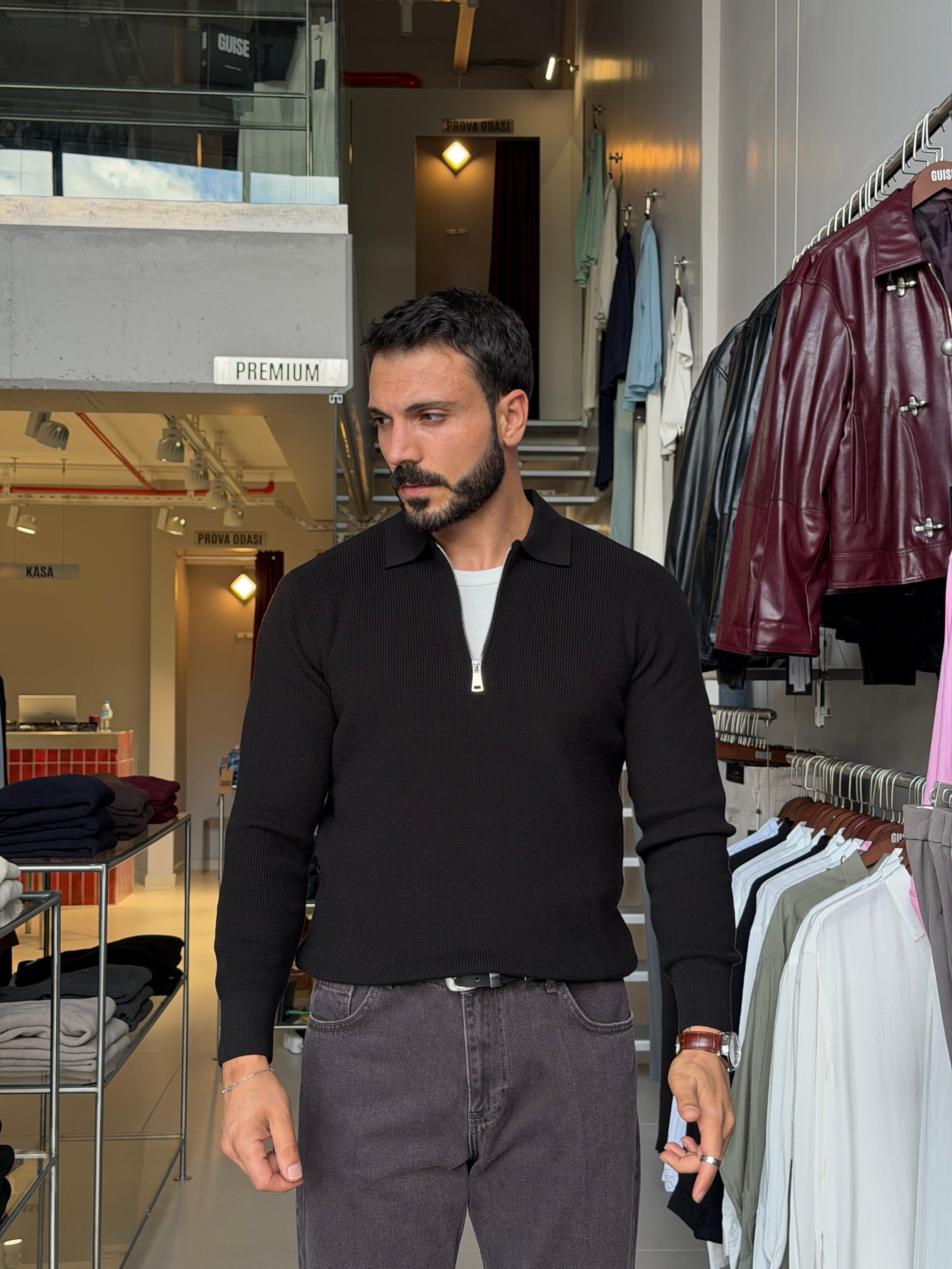 Skonder Siyah Fermuarlı Polo Yaka Triko