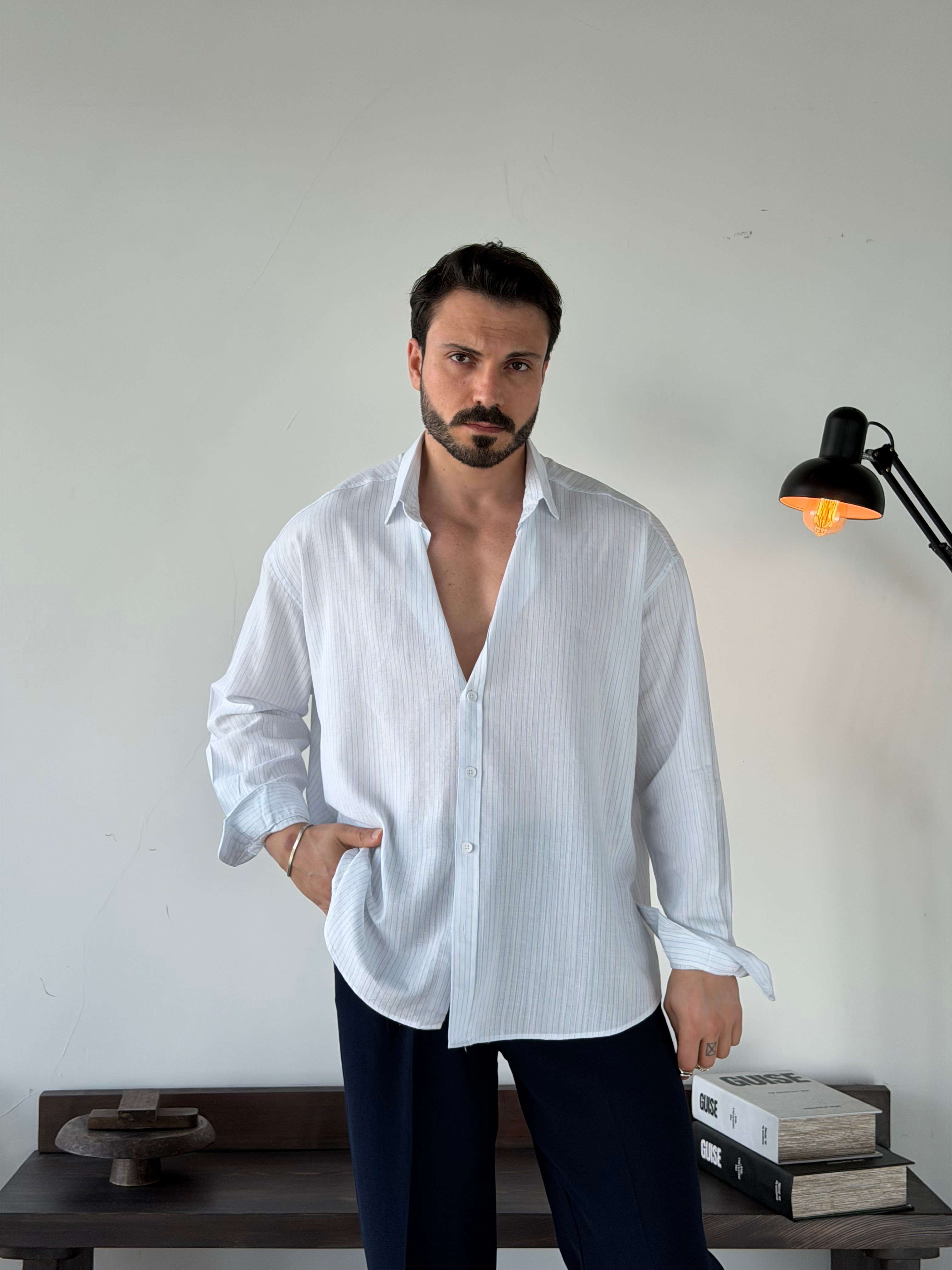 Soprano Oversize Çizgili Beyaz Gömlek