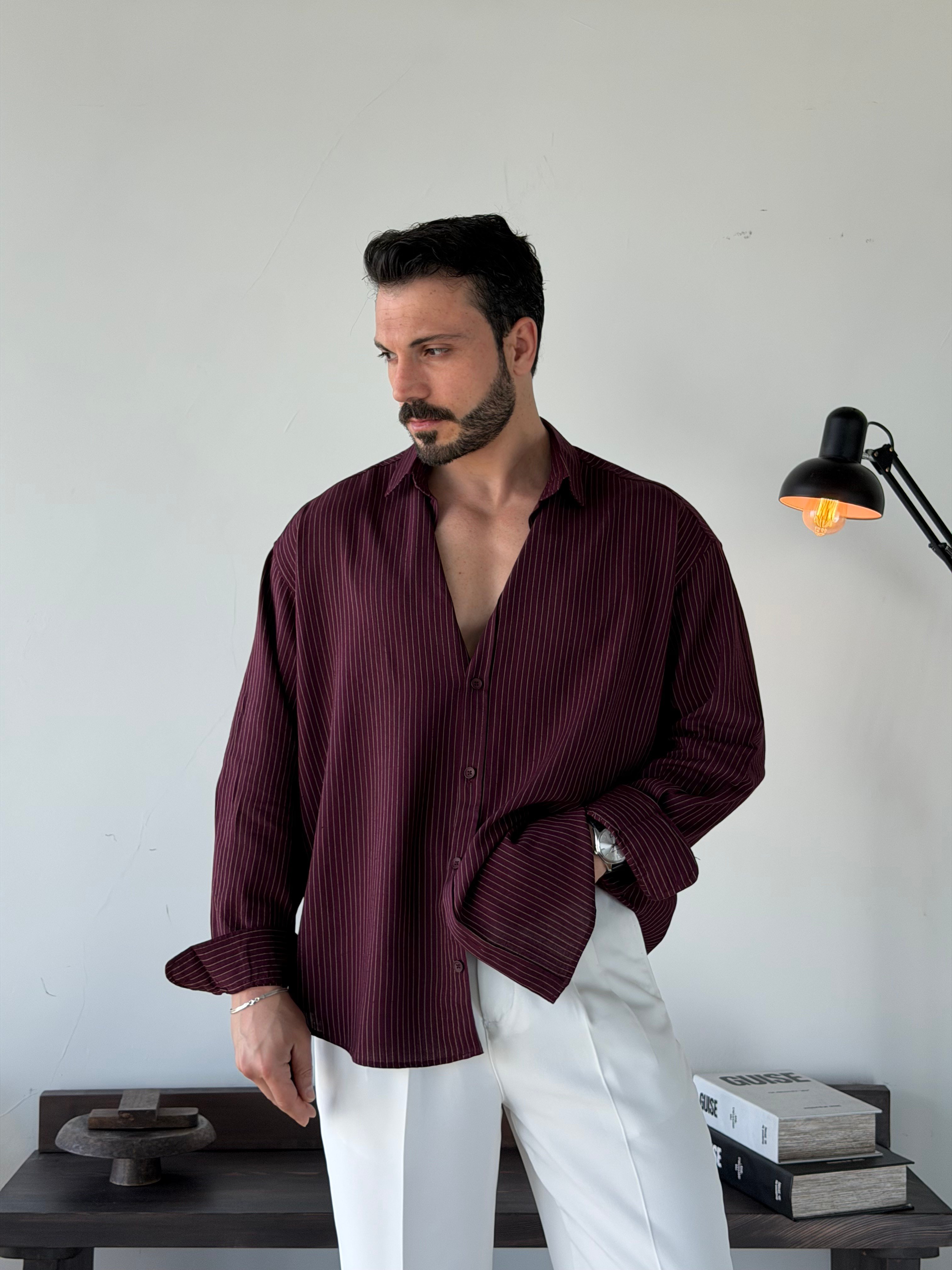 Soprano Oversize Çizgili Bordo Gömlek