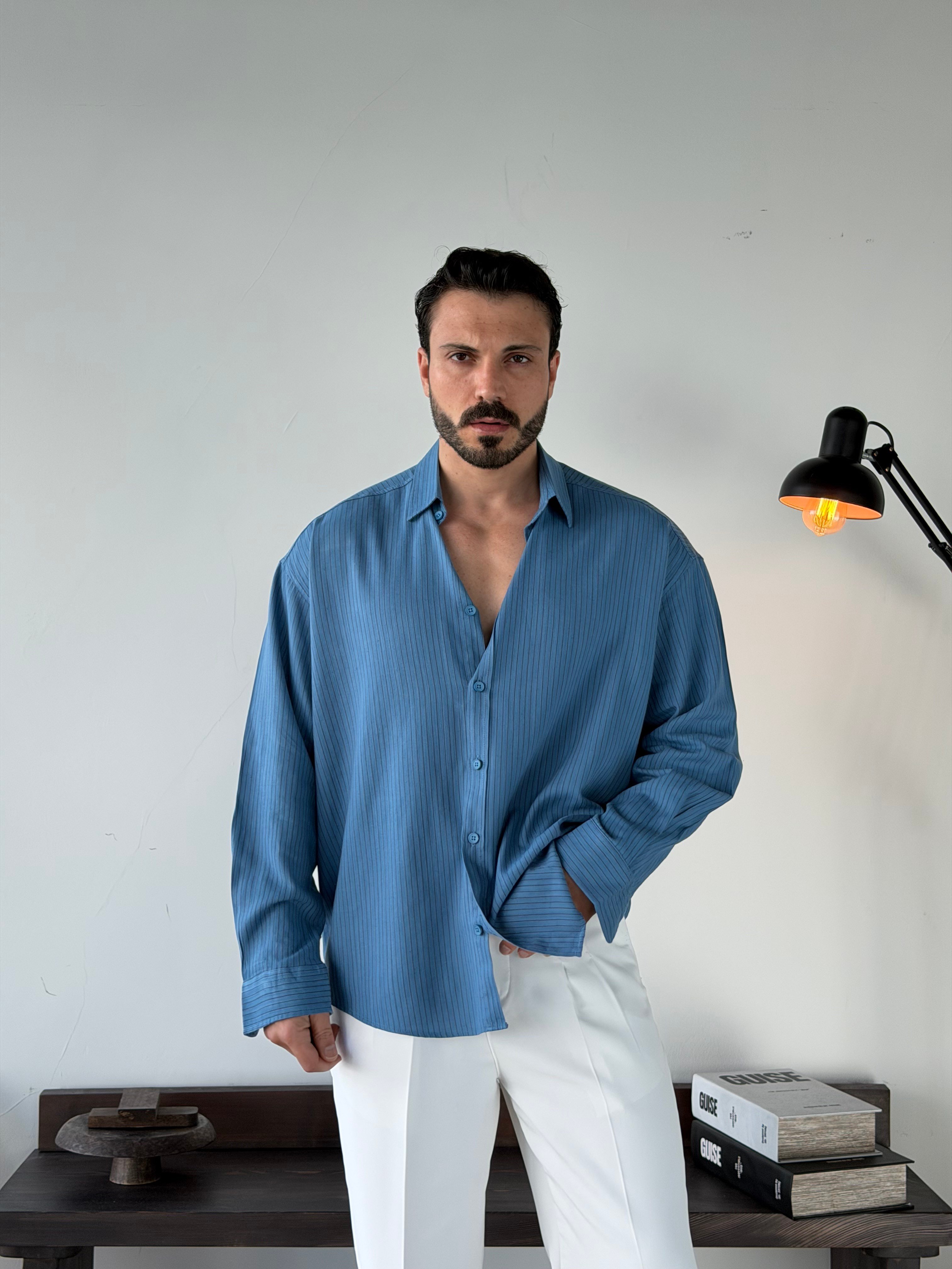 Soprano Oversize Çizgili Mavi Gömlek