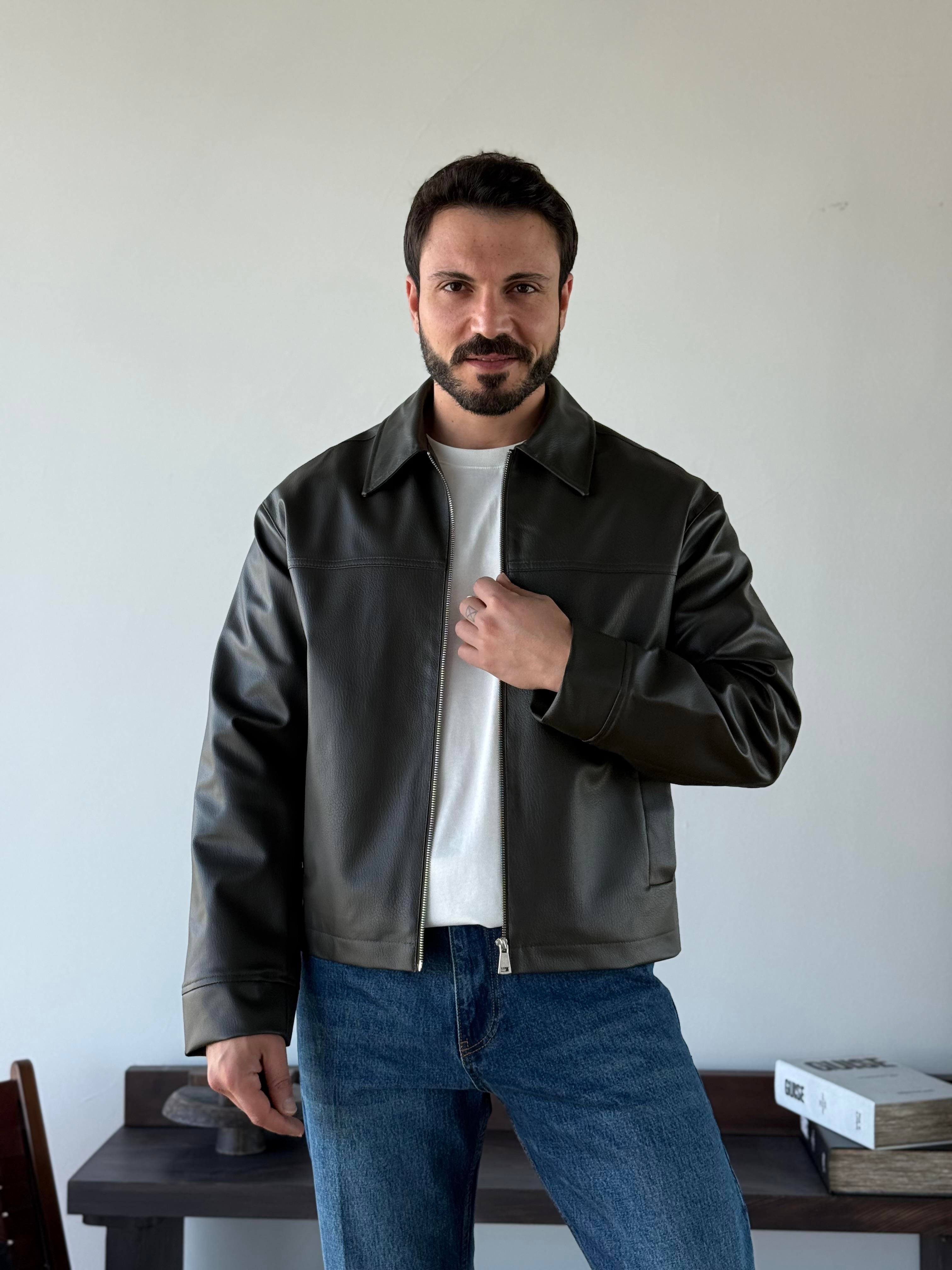 Steve Dark Haki Deri Ceket