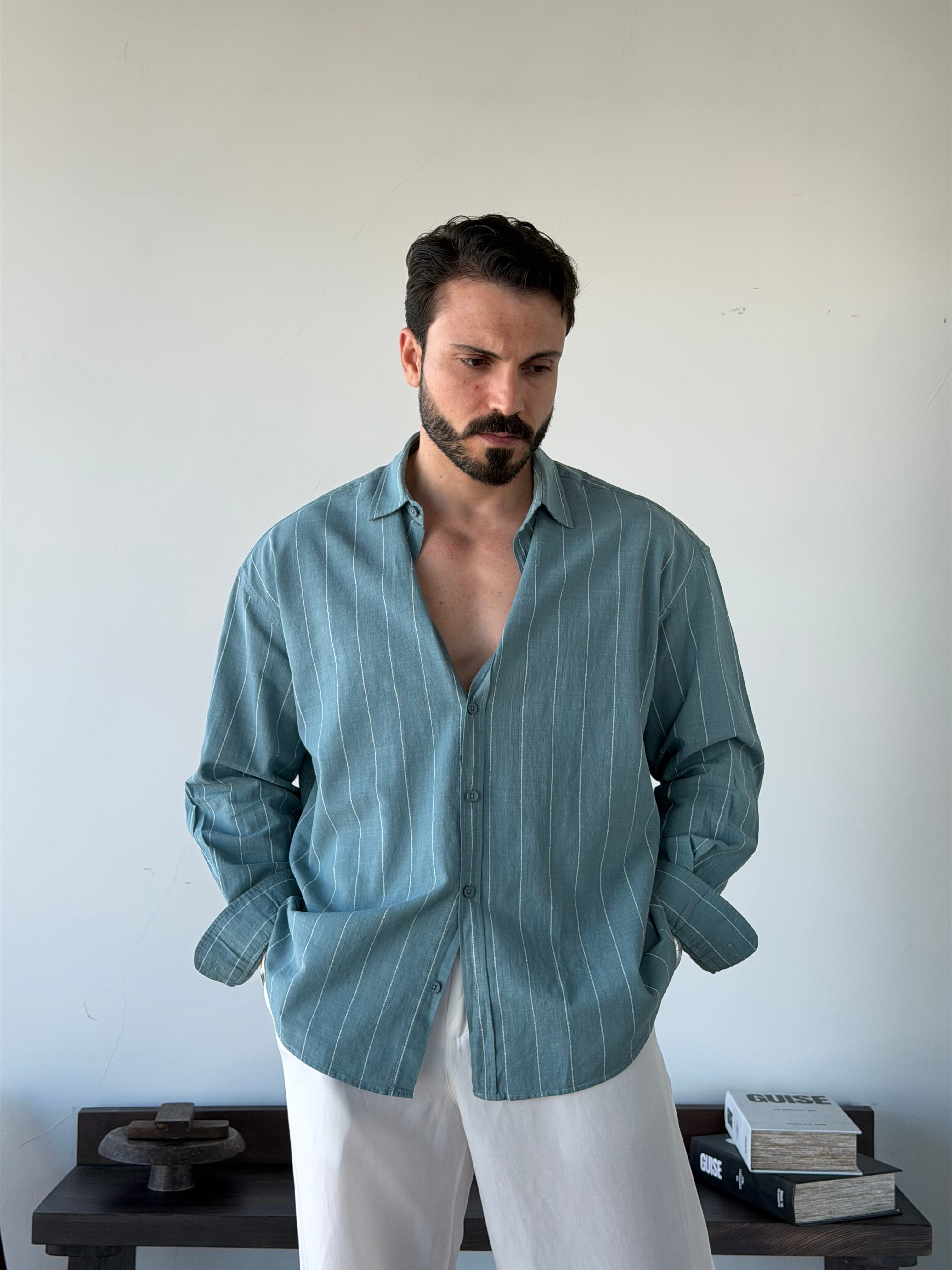 Valeria Oversize Mint Keten Gömlek