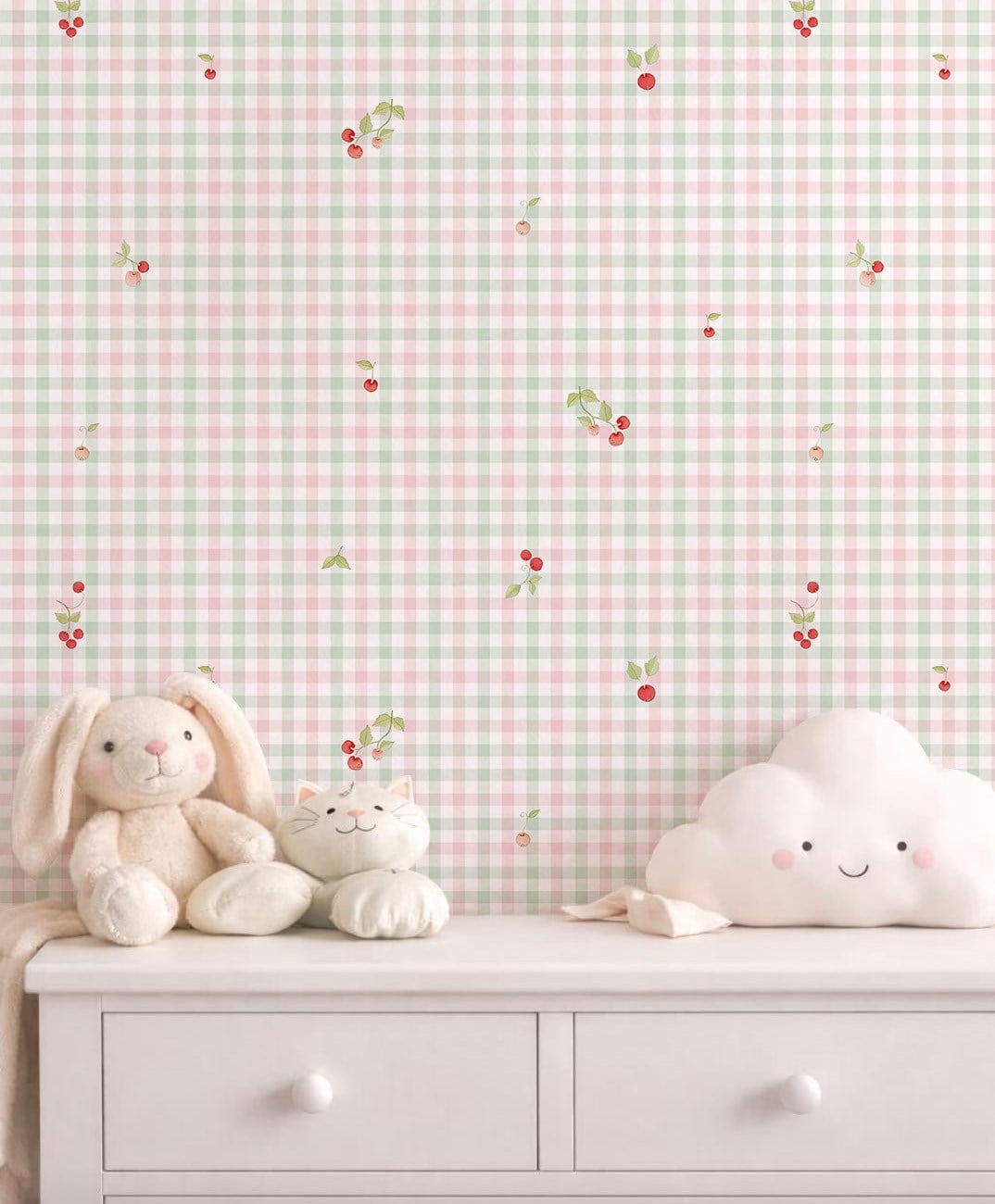 Kirazlar Soft Yeşil Pembe Pötikare Bebek & Çocuk Odası Duvar Kağıdı