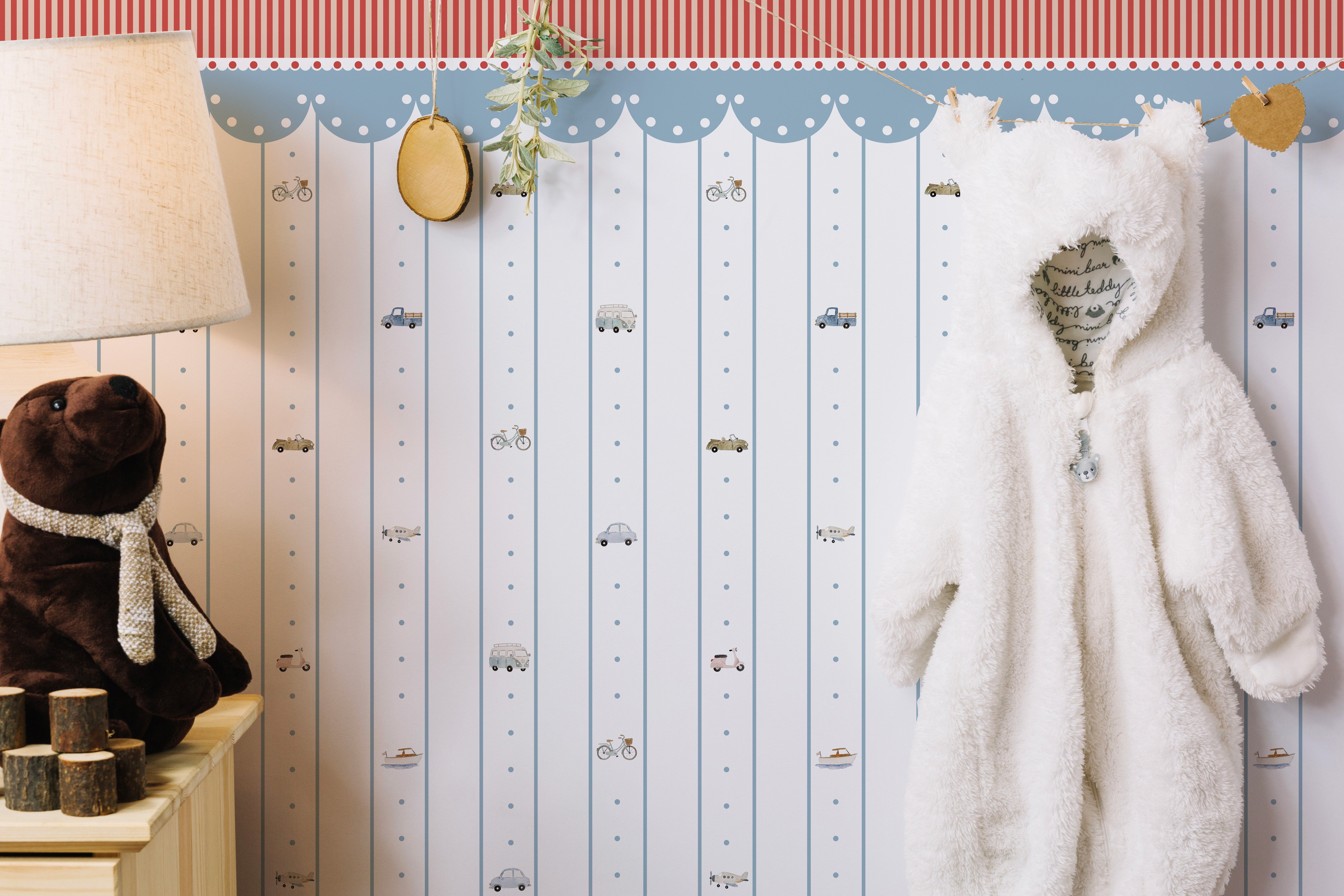 Kırmızı Çubuk ve Bebe Yaka Tente Minimal Arabalar Bebek & Çocuk Odası Duvar Kağıdı