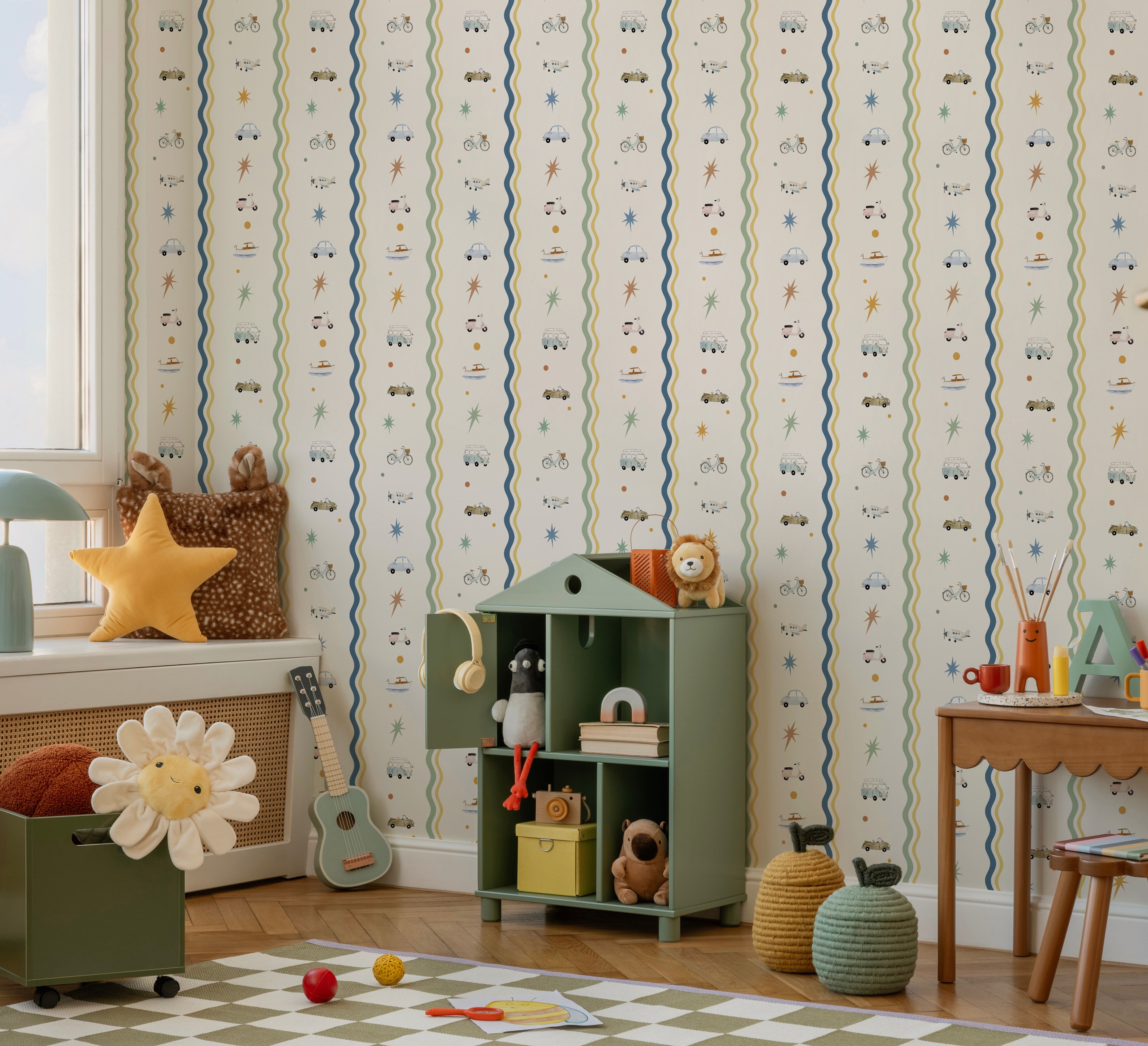 Minik Arabalar Dalgalı Retro Şeritler Bebek & Çocuk Odası Duvar Kağıdı