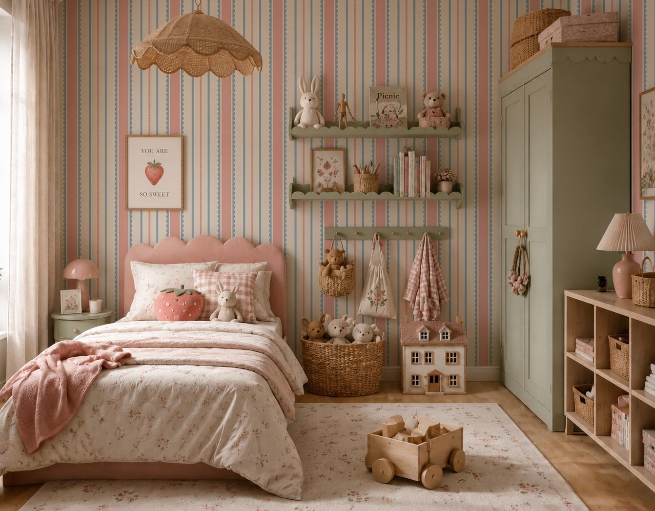 Pembe Mavi Şeritler Mini Bebe Yaka Detay Tasarım Bebek & Çocuk Odası Duvar Kağıdı