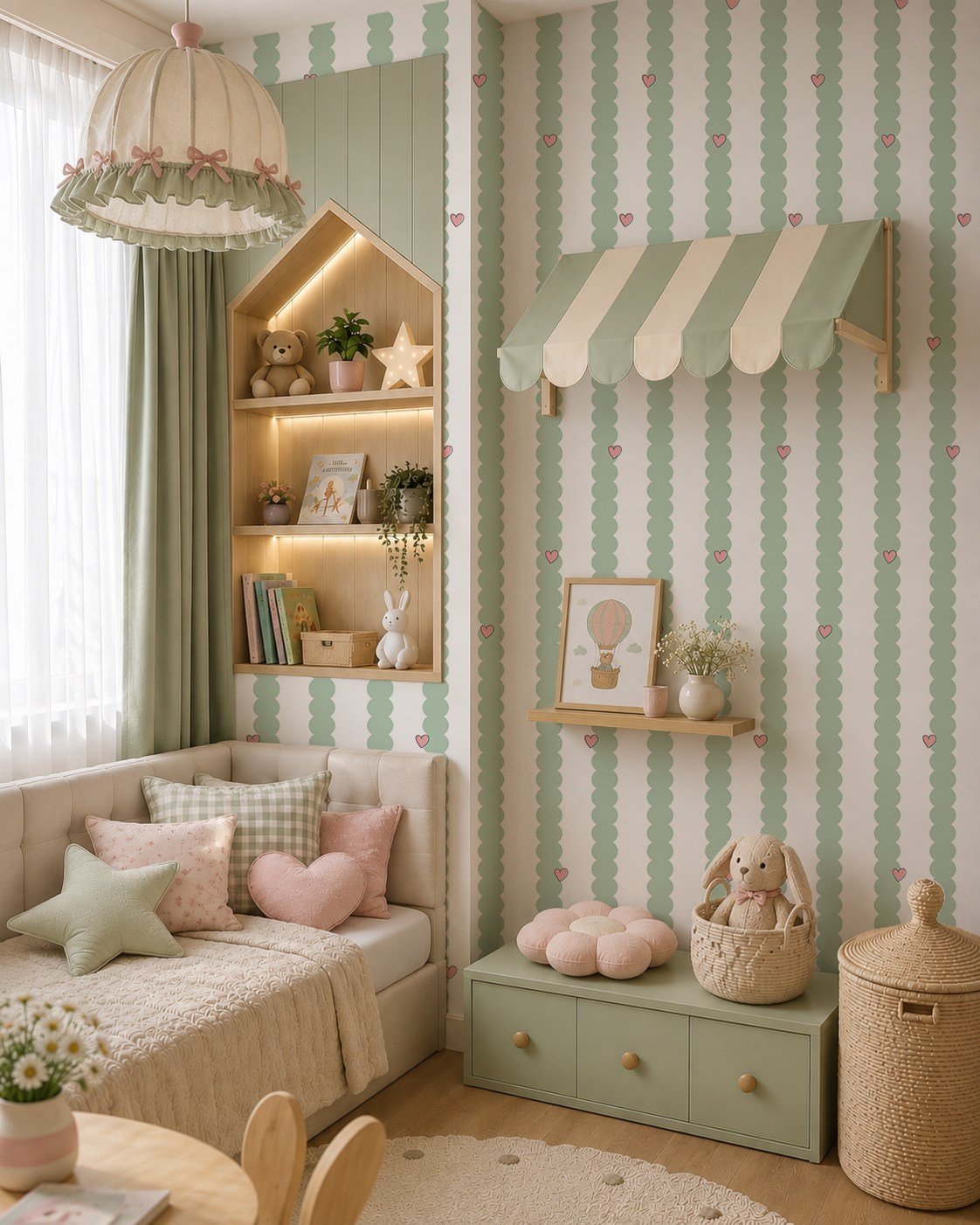 Yeşil Bombeler ve Minik Pembe Kalpler Bebek & Çocuk Odası Duvar Kağıdı