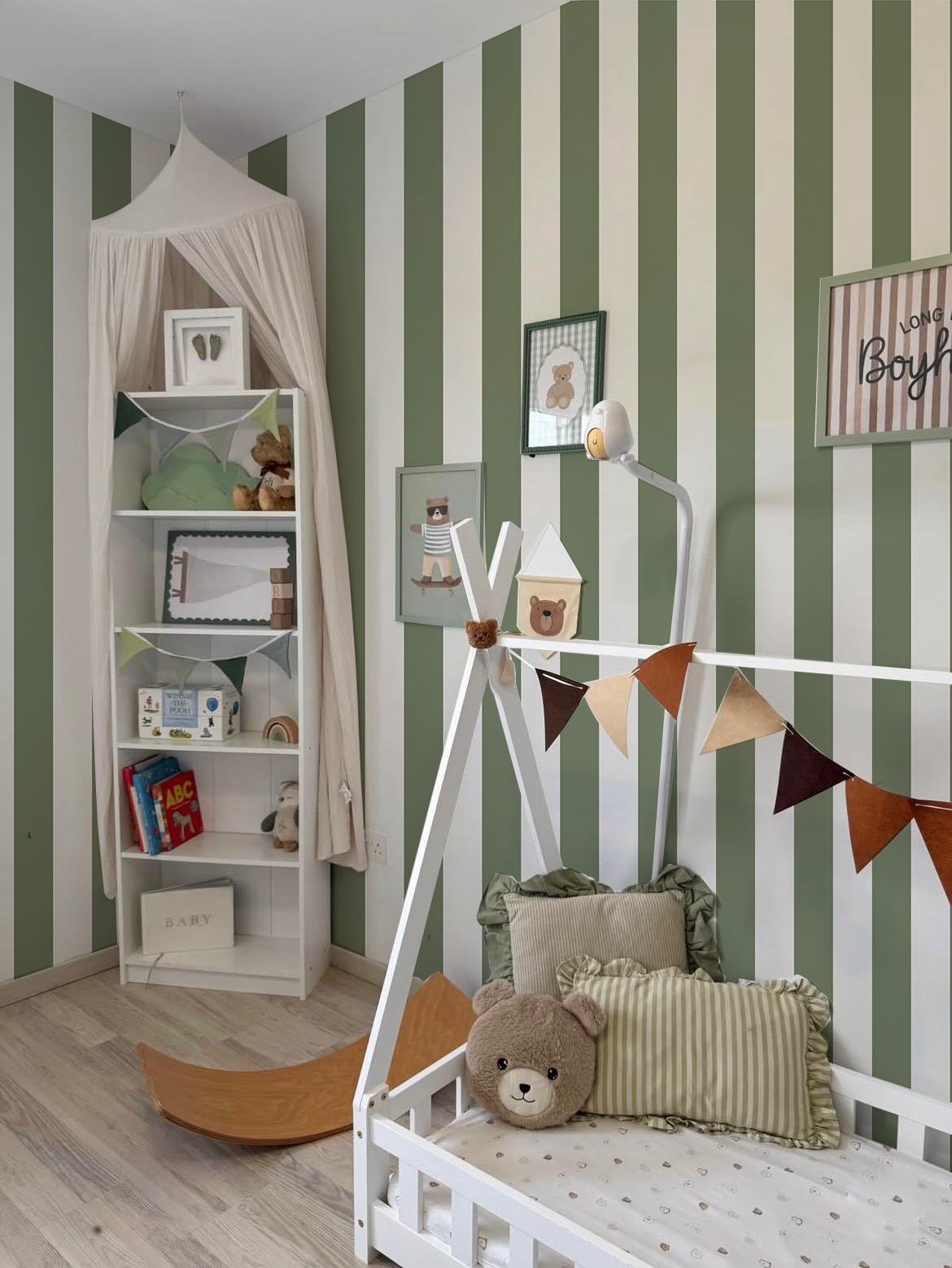 Yeşil Geniş Şeritler Bebek & Çocuk Odası Duvar Kağıdı