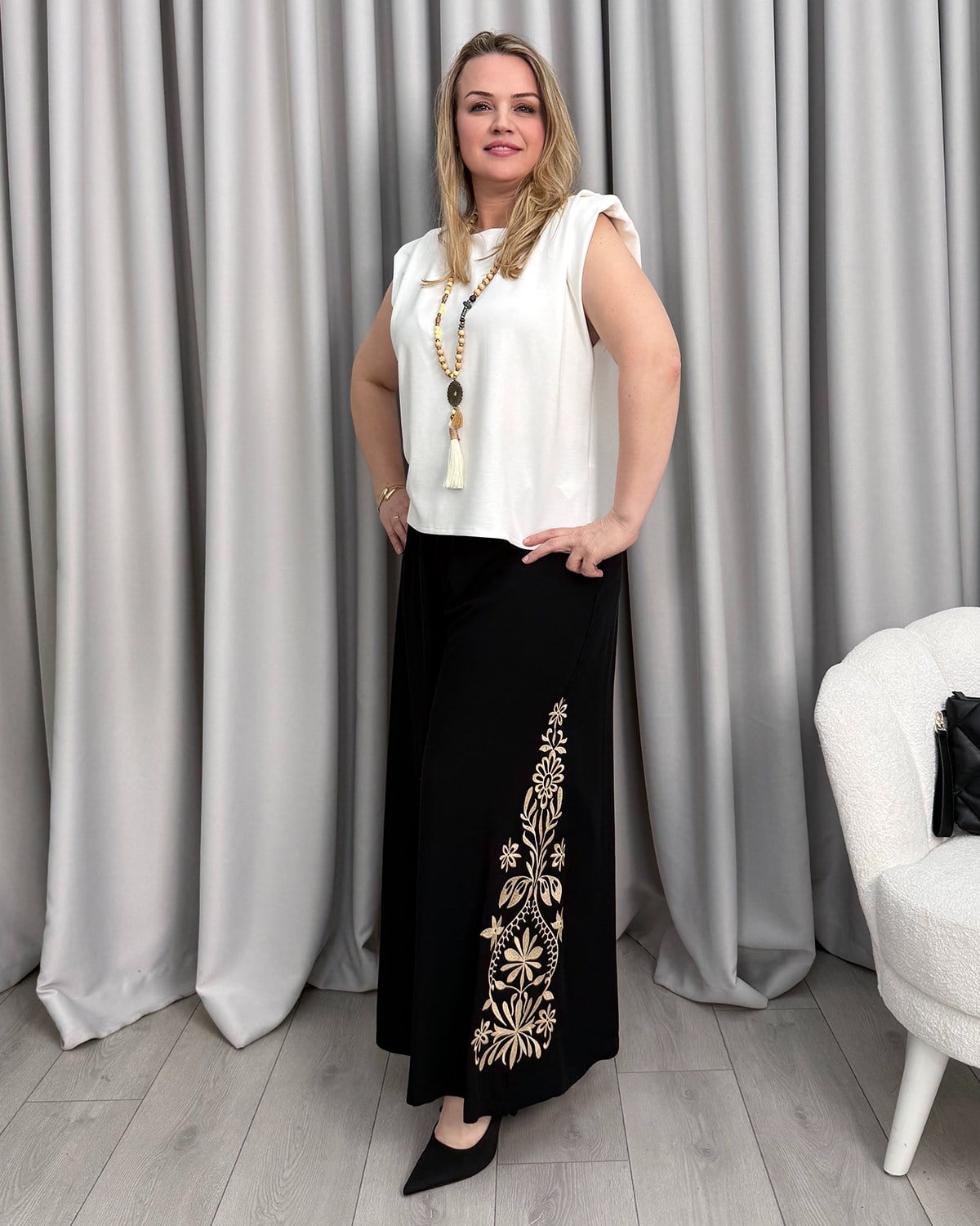 Aura Nakışlı Pantolon Siyah