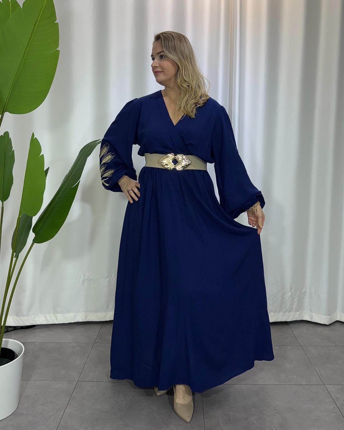 Başak Nakışlı Elbise Lacivert