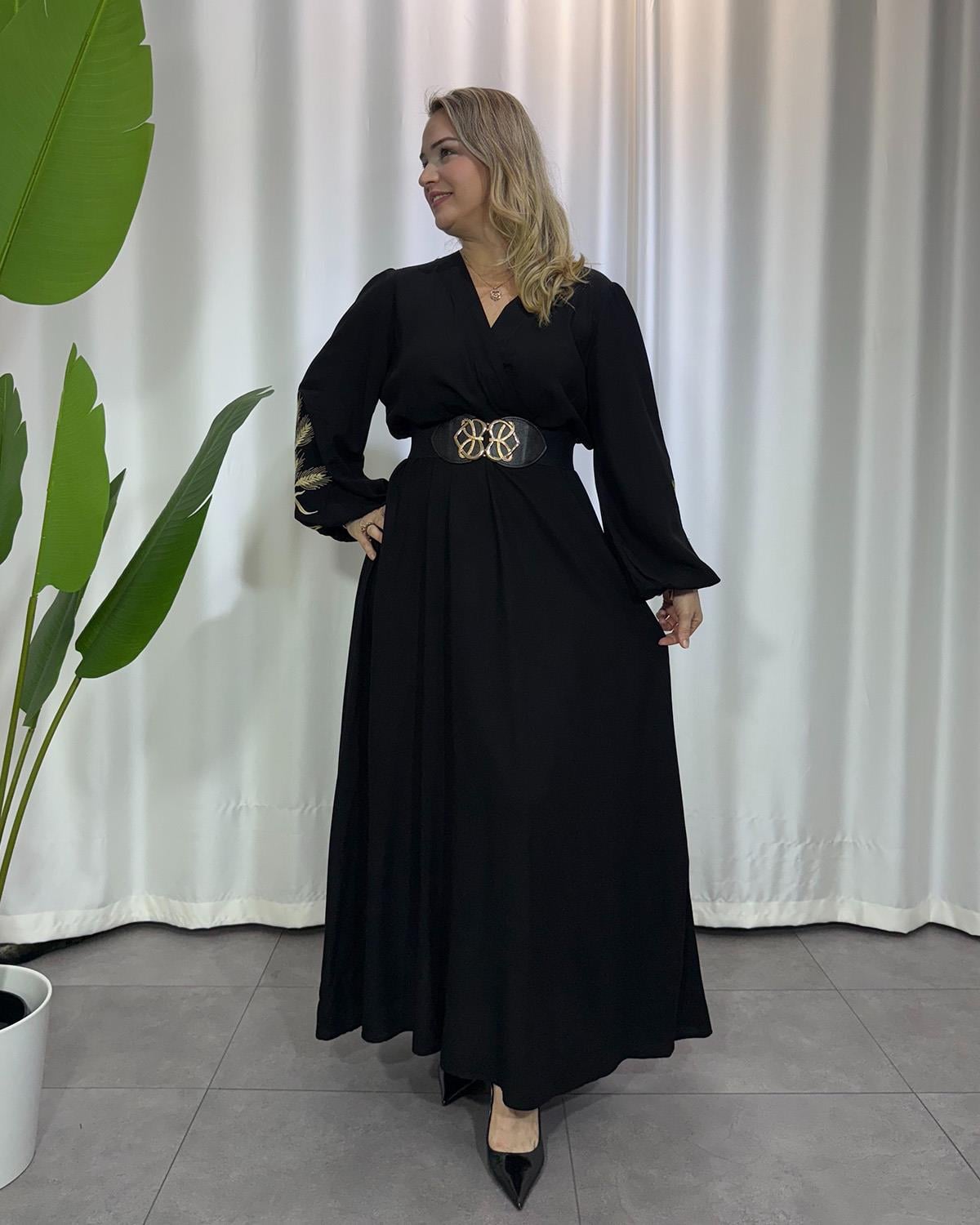 Başak Nakışlı Elbise Siyah