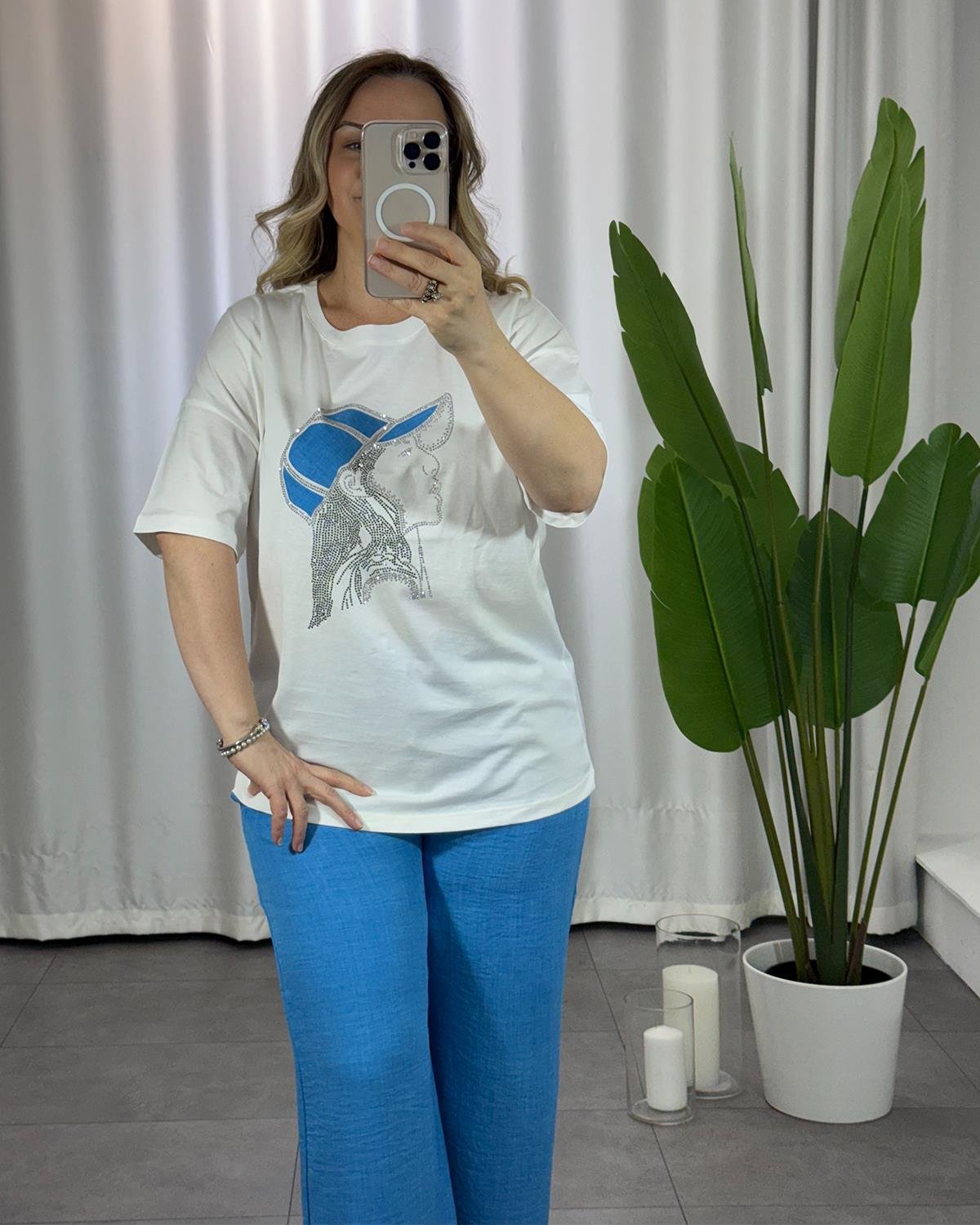 Beyaz Turkuaz Baskılı T-Shirt