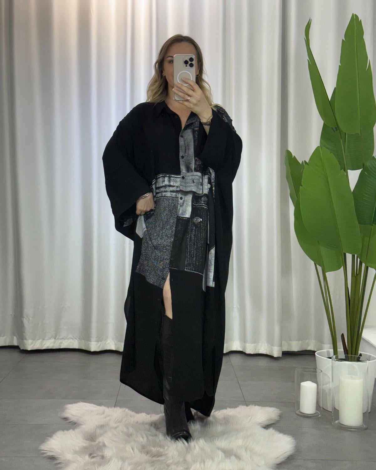 Denim Baskılı Gömlek Elbise Siyah Gri