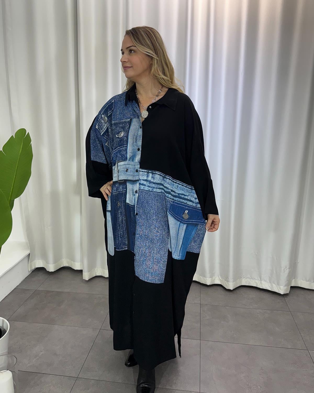 Denim Baskılı Gömlek Elbise Siyah Mavi