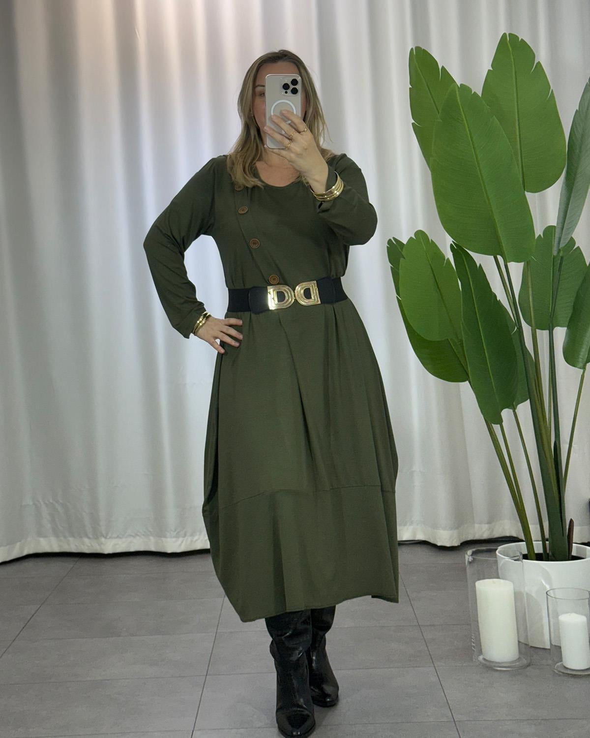 Düğme Detaylı Basic Haki Elbise 
